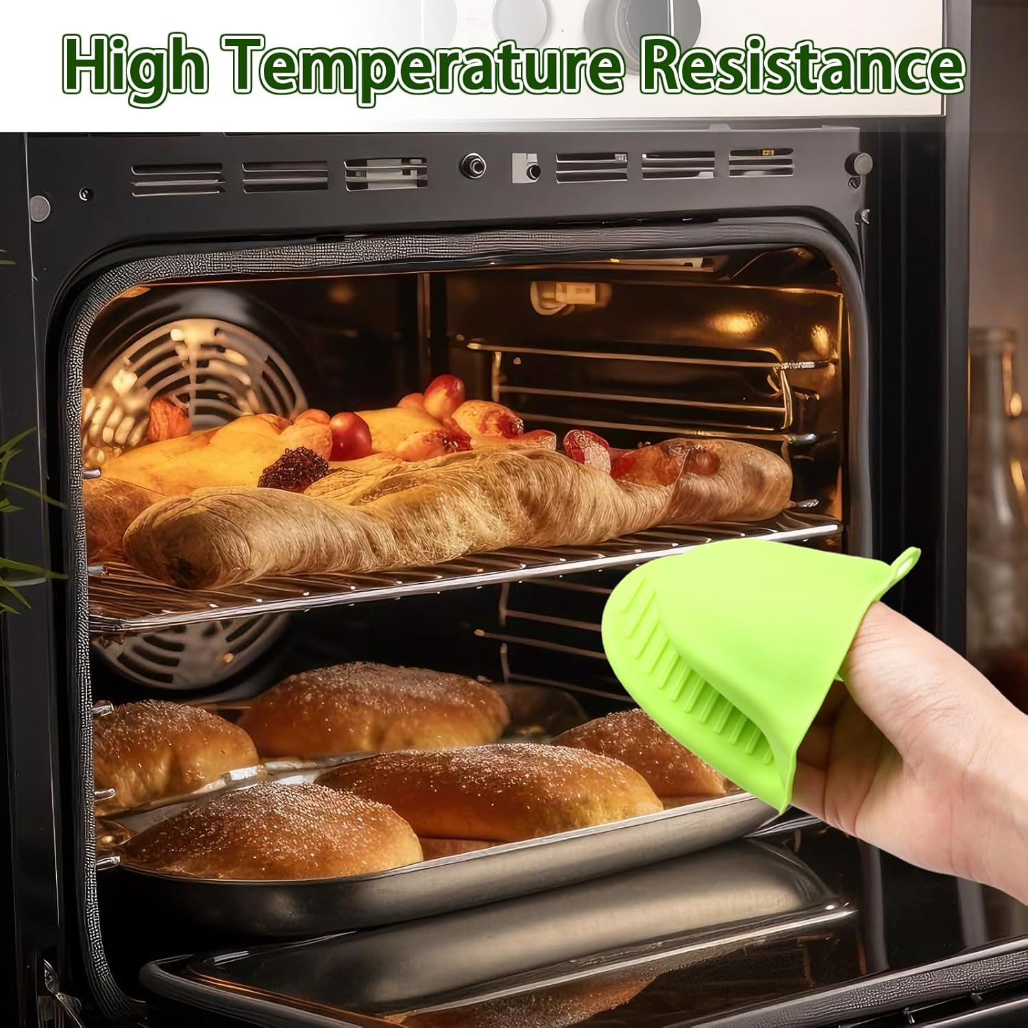 2PCS Silicone Oven Mitts - Heat Resistant Thick Potholders for Kitchen - Non-Slip Rubber Oven Glove Kitchen Mittens - Cute Pot Holders for Grill, Pizza Stone, Air Fryer, Dishwasher Safe Green - Image 3