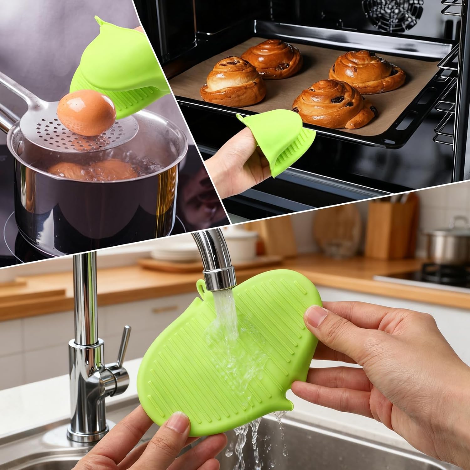 2PCS Silicone Oven Mitts - Heat Resistant Thick Potholders for Kitchen - Non-Slip Rubber Oven Glove Kitchen Mittens - Cute Pot Holders for Grill, Pizza Stone, Air Fryer, Dishwasher Safe Green - Image 4
