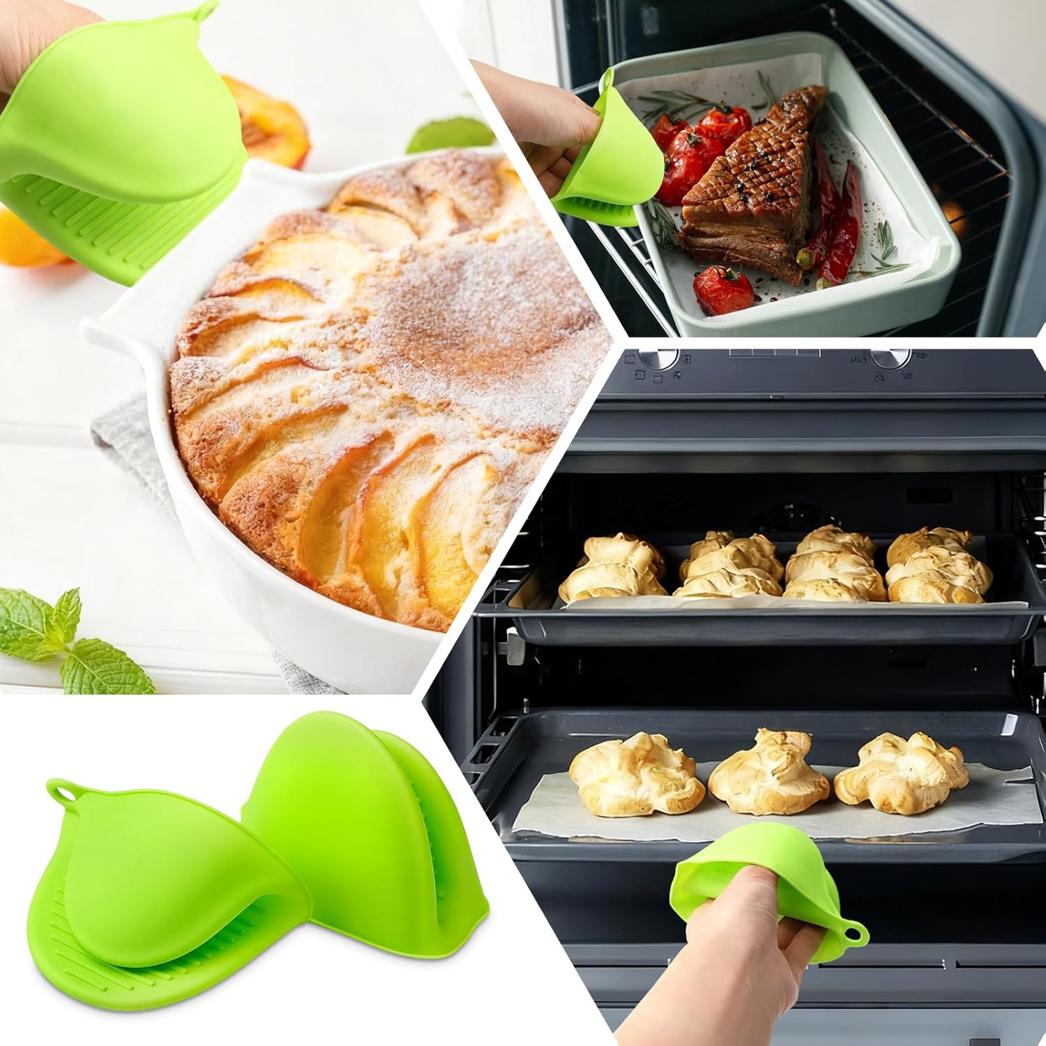 2PCS Silicone Oven Mitts - Heat Resistant Thick Potholders for Kitchen - Non-Slip Rubber Oven Glove Kitchen Mittens - Cute Pot Holders for Grill, Pizza Stone, Air Fryer, Dishwasher Safe Green - Image 5