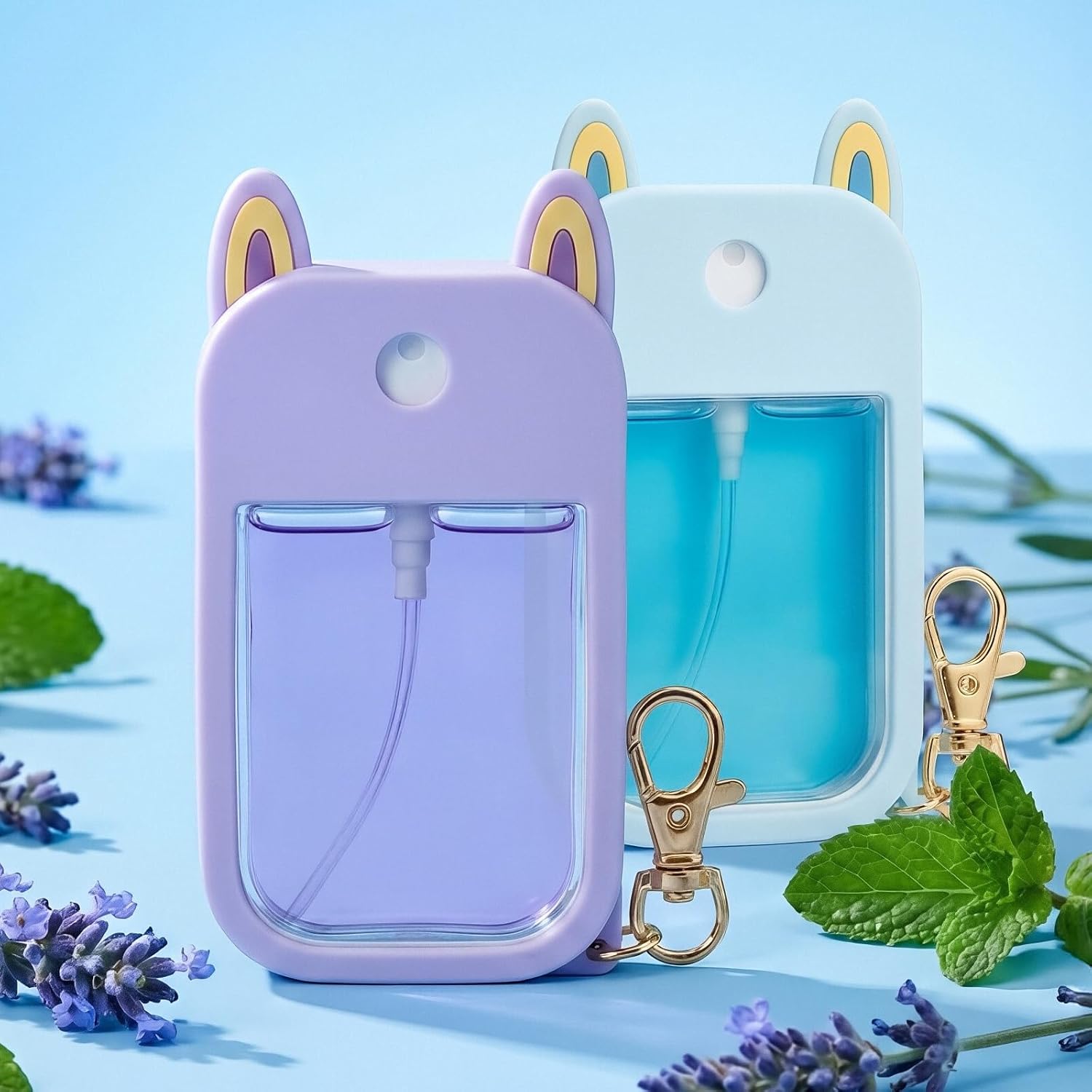 2-Pack Hand Sanitizer Spray Case Compatible with Touchland, Silicone Travel Hand Sanitizer Case Holder with Keychain for Touch Land Mist Cases 1FL. OZ - Blue,Purple - Image 2