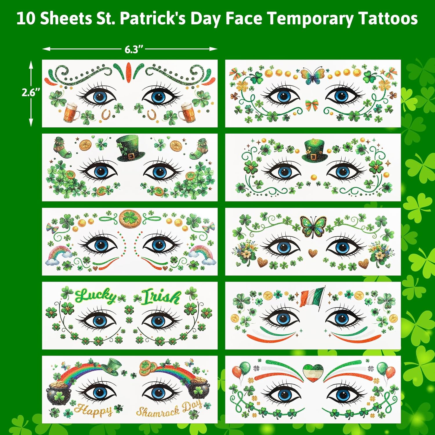 Ceiba Tree St. Patrick's Day Face Stickers Temporary Tattoos 10 Sheets Saint Patrick's Day Irish Shamrock Clover Make up Accessories for Women Kids Party Favors Decorations - Image 1