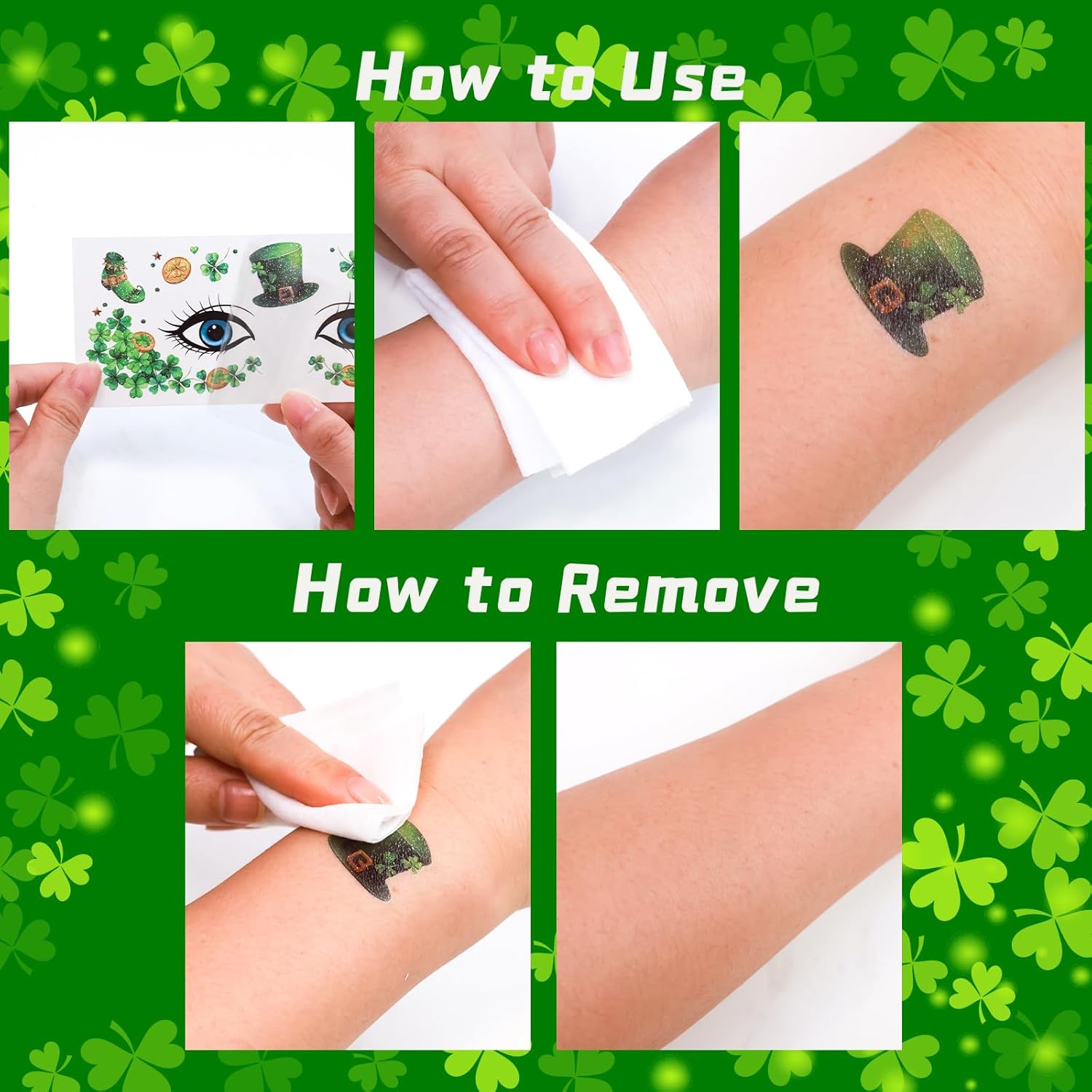 Ceiba Tree St. Patrick's Day Face Stickers Temporary Tattoos 10 Sheets Saint Patrick's Day Irish Shamrock Clover Make up Accessories for Women Kids Party Favors Decorations - Image 2