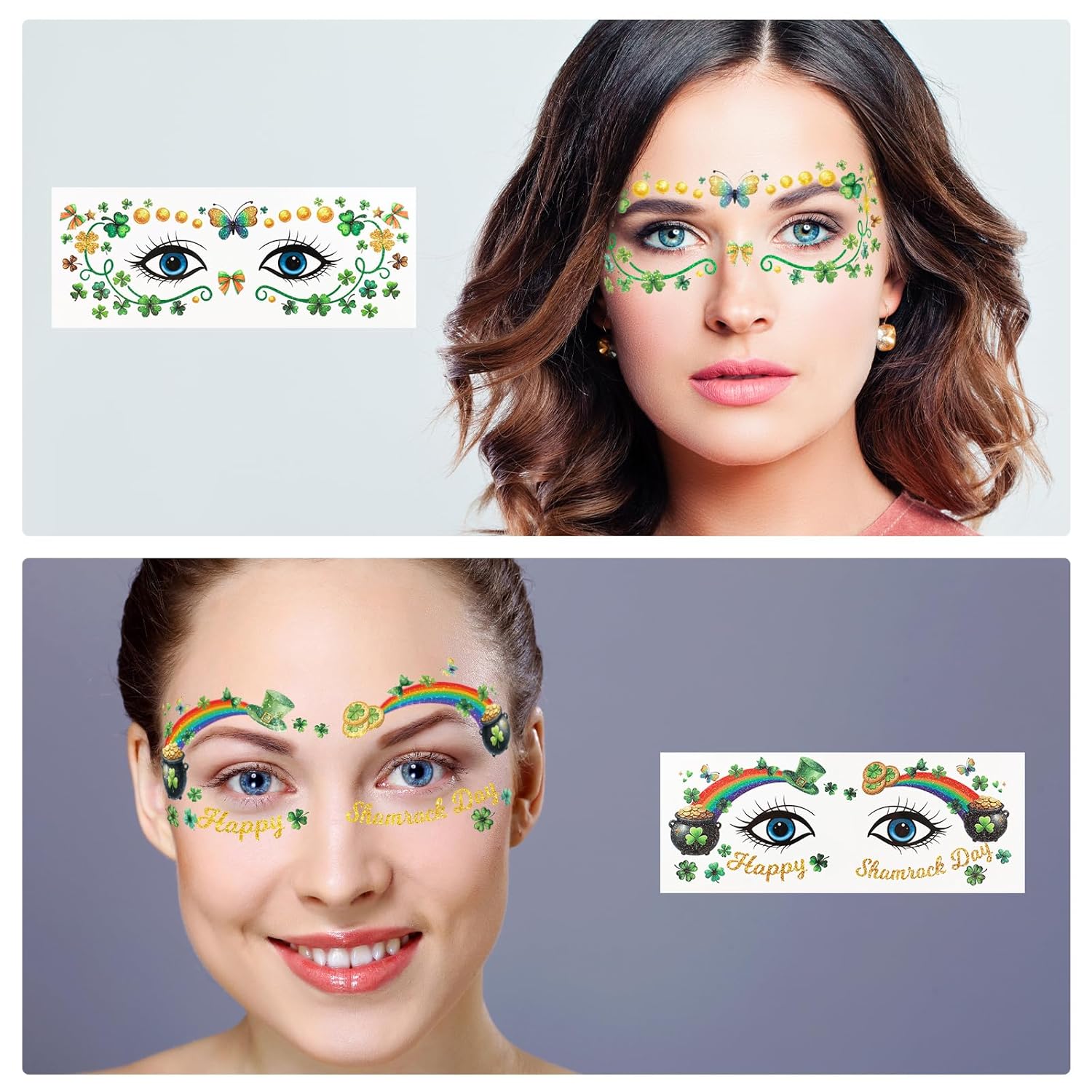 Ceiba Tree St. Patrick's Day Face Stickers Temporary Tattoos 10 Sheets Saint Patrick's Day Irish Shamrock Clover Make up Accessories for Women Kids Party Favors Decorations - Image 7