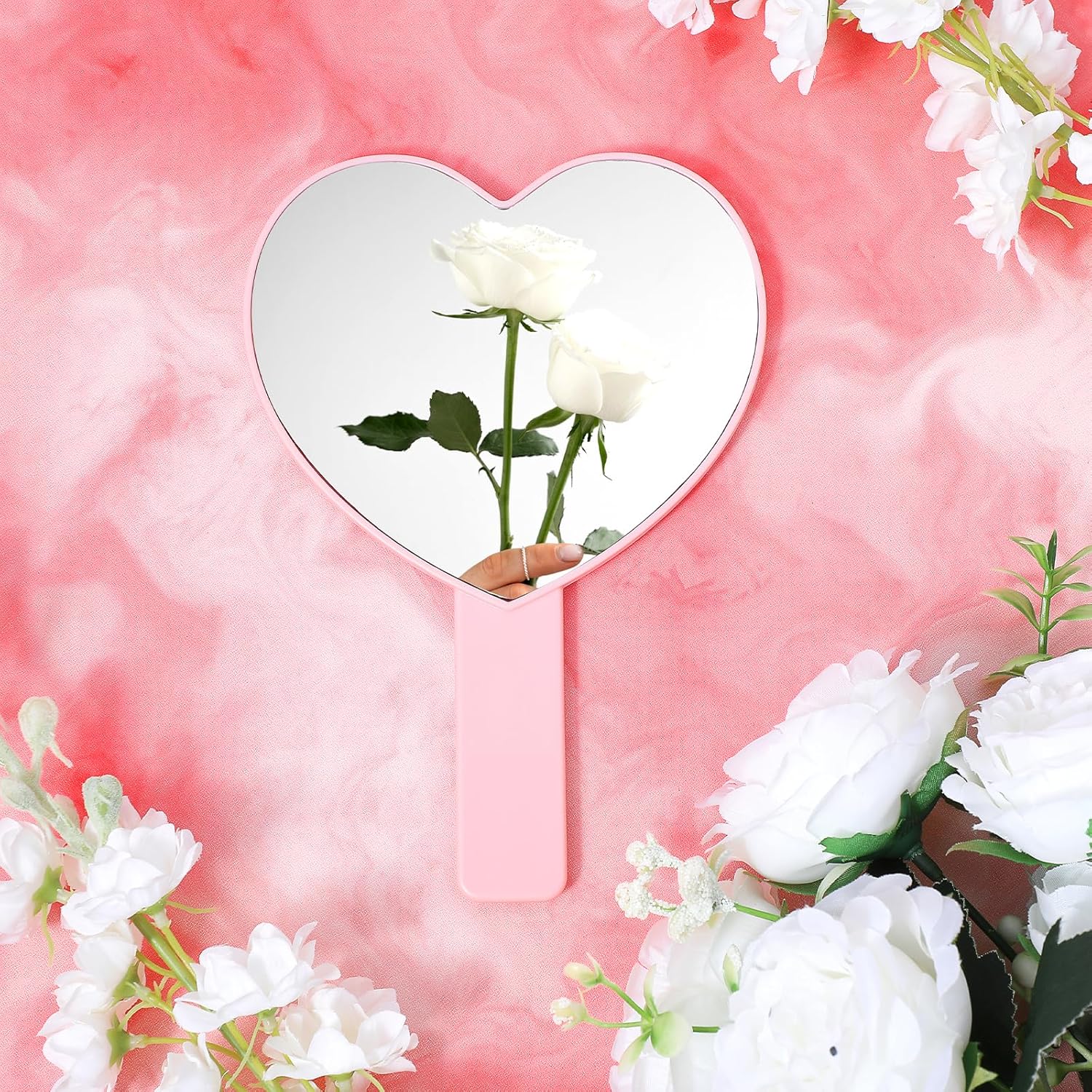 Heart Shaped Small Handheld Mirror,Handheld Eyelash Mirror Cosmetic Hand Mirrors with Handle for Portable Travel for Women Girls (Pink) - Image 3