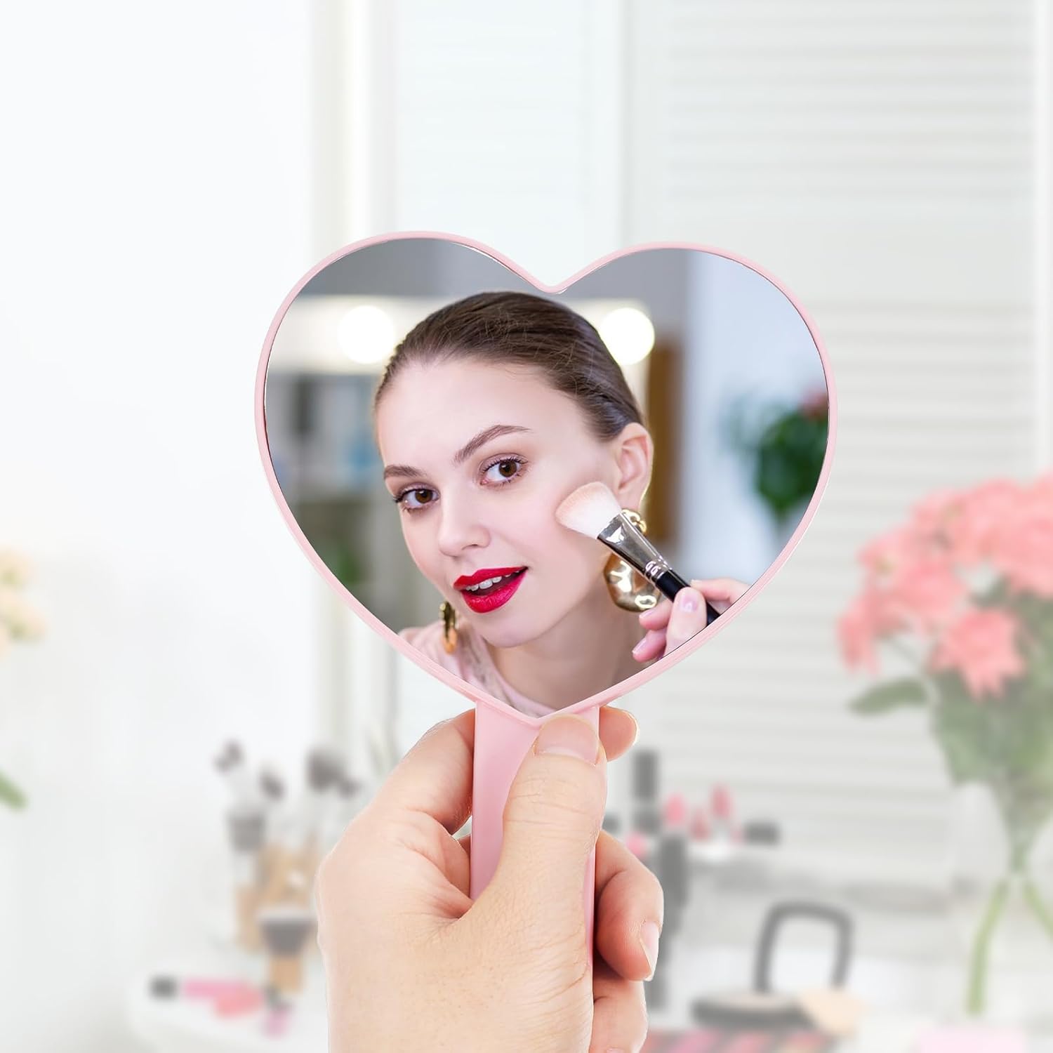 Heart Shaped Small Handheld Mirror,Handheld Eyelash Mirror Cosmetic Hand Mirrors with Handle for Portable Travel for Women Girls (Pink) - Image 4