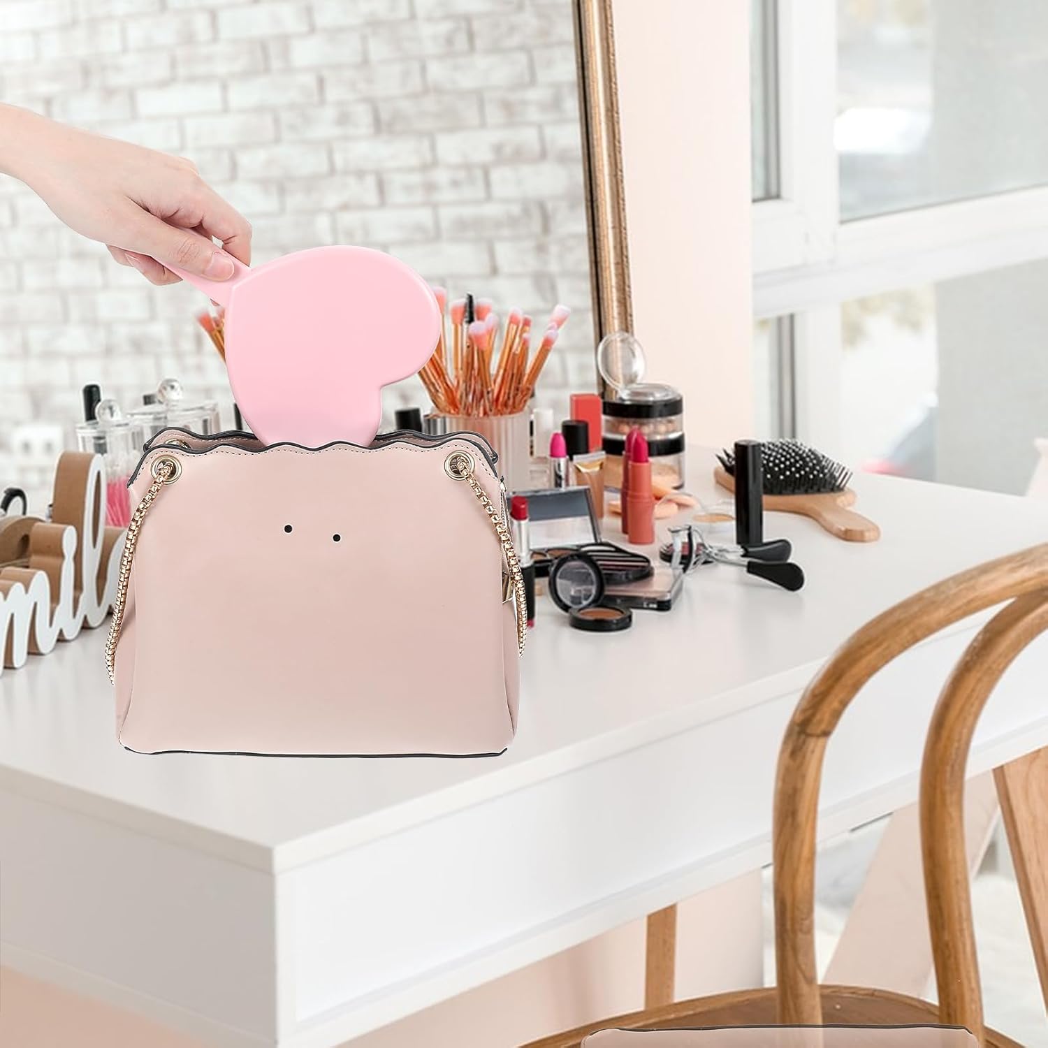 Heart Shaped Small Handheld Mirror,Handheld Eyelash Mirror Cosmetic Hand Mirrors with Handle for Portable Travel for Women Girls (Pink) - Image 6