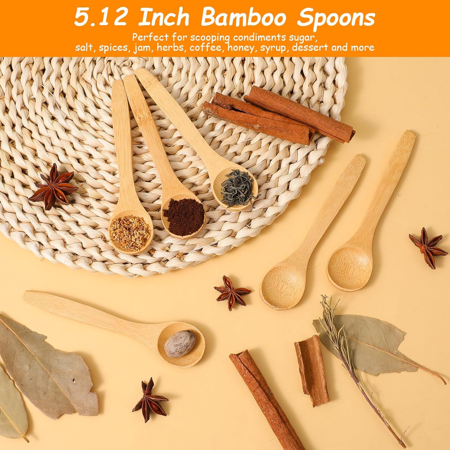 6PCS Bamboo Spoons, Mini Wooden Spoons 5.12 Inch, Multi-purpose Small Teaspoons for Condiments Spices Honey Ice Cream Coffee Kitchen & Serving Utensils - Image 3