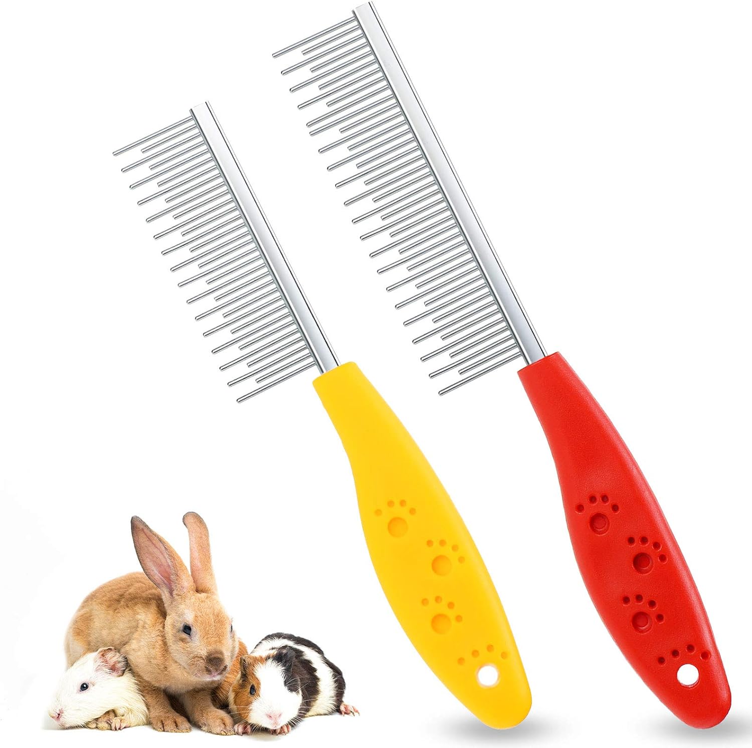 2 Pieces Pet Hair Comb Small Pet Grooming Stainless Steel Long and Short Teeth Comb for Small Dog Cat Animals Rabbits Bunny Hamsters Guinea Pigs, Red and Yellow - Image 1