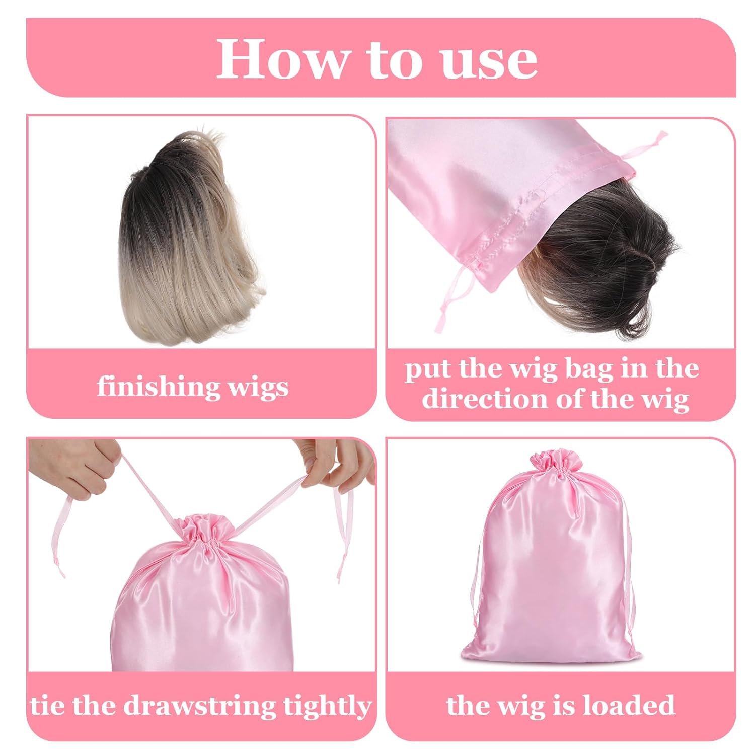 4Pcs Wig Bags with Satin Drawstring,Pink Wig Bags Storage for Wigs Extension Bundle - Image 3