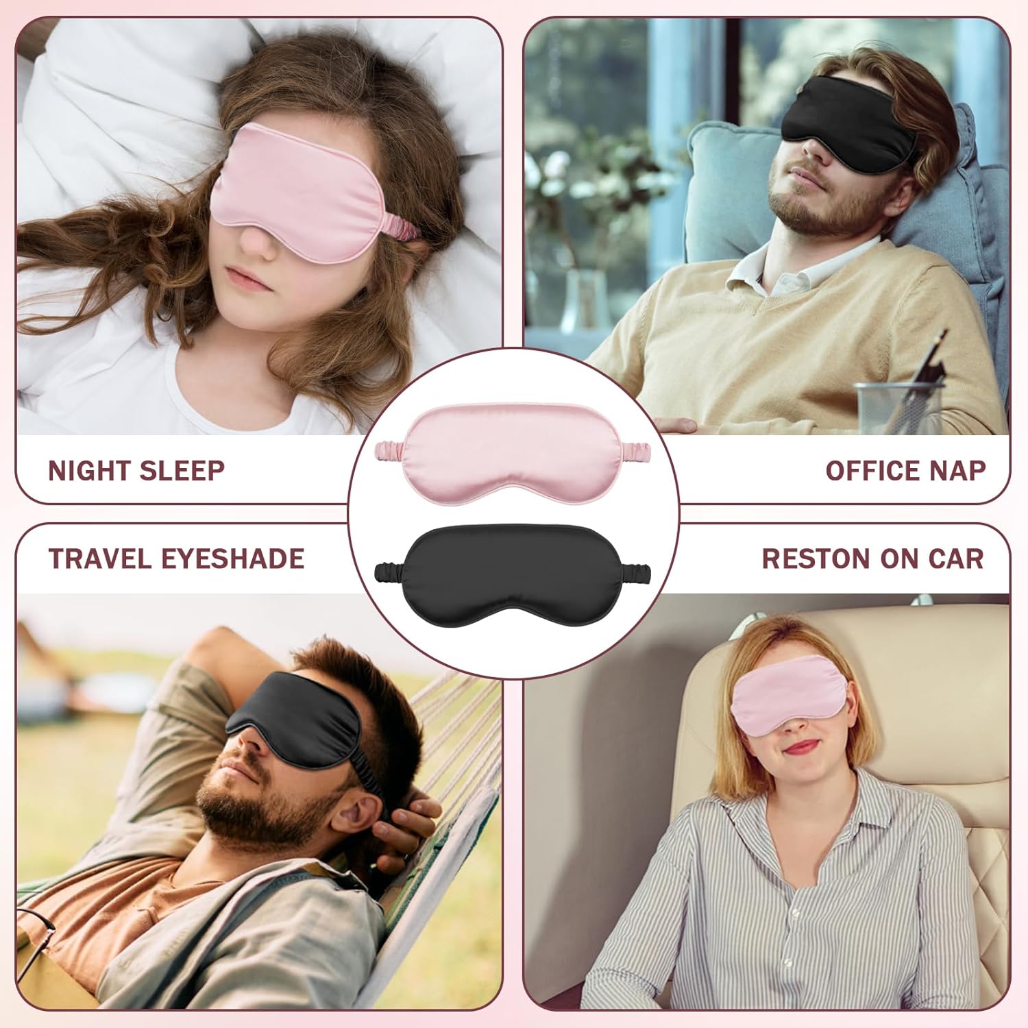 Silk Sleep Mask Set of 2, Adjustable Silk Eye Mask for Sleeping, Soft Sleeping Eye Shade Cover for Women, Good for Blocking Light, Reducing Puffiness, Enhancing Sleep Quality (Pink & Black) - Image 5