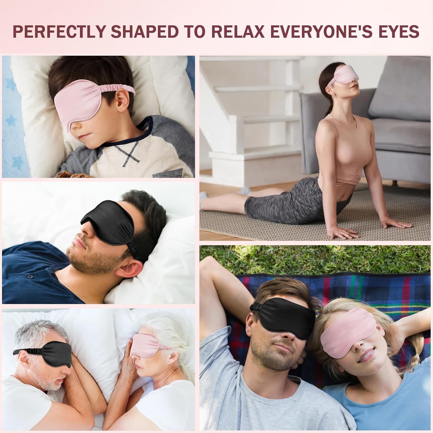 Silk Sleep Mask Set of 2, Adjustable Silk Eye Mask for Sleeping, Soft Sleeping Eye Shade Cover for Women, Good for Blocking Light, Reducing Puffiness, Enhancing Sleep Quality (Pink & Black) - Image 6