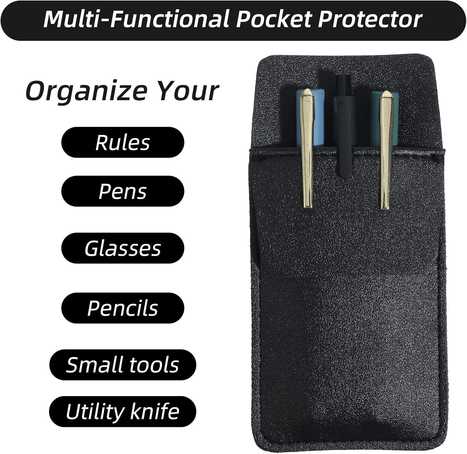 2 Pack Pocket Protector for Men Shirt, Black PU Leather Organizer Pouch Multipurpose Pocket Pen Holder for Pens Pencils & Cards Fits Shirt & Lab Coat Pockets - Image 3