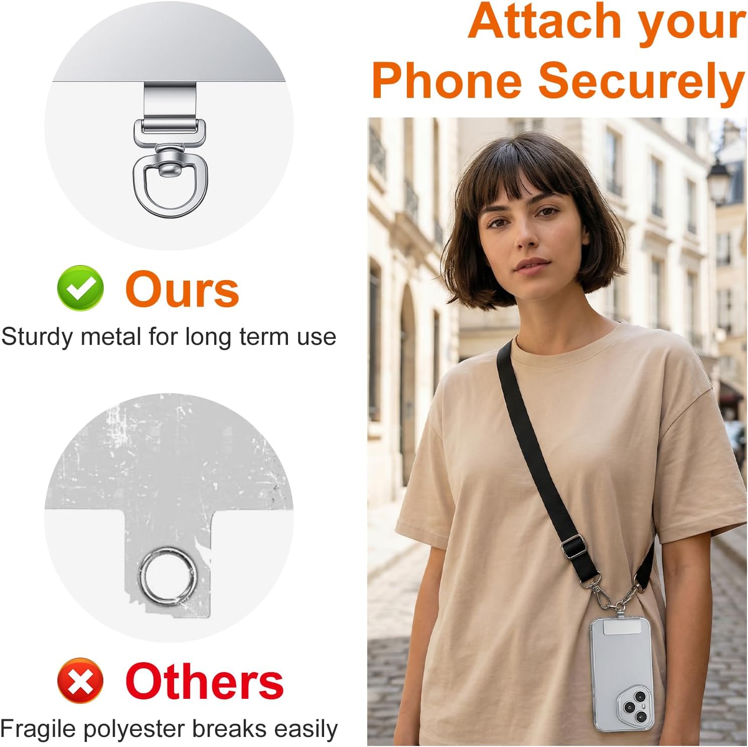 2PCS Rotatable 360° Phone Tether Tab, Stainless Steel Phone Lanyard Tab Rectangle Tether Tabs for Most Full Coverage Cases, Universal Cellphone Wrist Crossbody Strap(Silver) - Image 2