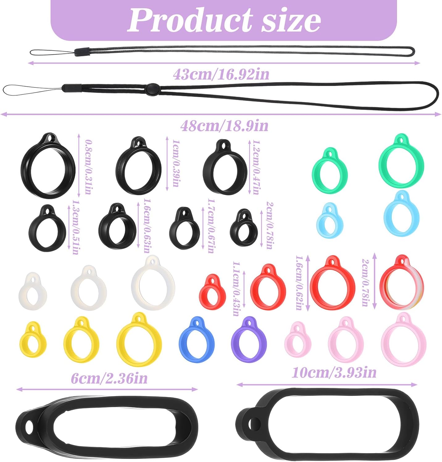 34Pcs Anti-Lost Lanyard Set Include 9 Style Black Silicone Rubber Rings-3Pcs Adjustable Lanyards,4 Style Colorful Rubber Rings,Soft Pen Protective Holder for Keychain Necklace Pen - Image 1