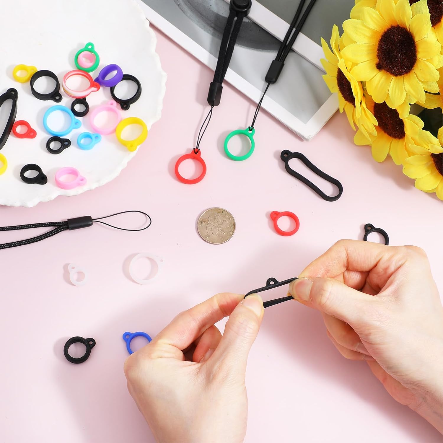 34Pcs Anti-Lost Lanyard Set Include 9 Style Black Silicone Rubber Rings-3Pcs Adjustable Lanyards,4 Style Colorful Rubber Rings,Soft Pen Protective Holder for Keychain Necklace Pen - Image 5