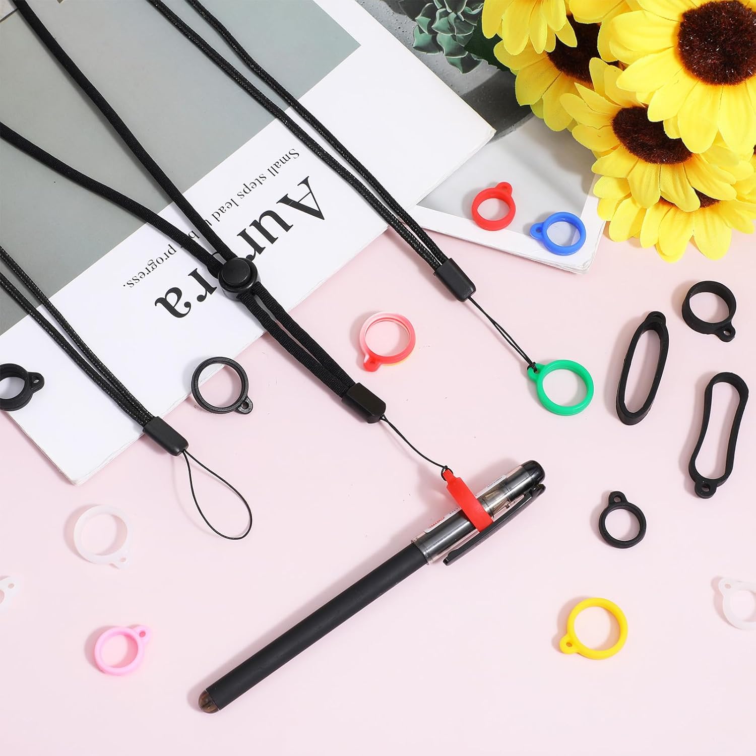 34Pcs Anti-Lost Lanyard Set Include 9 Style Black Silicone Rubber Rings-3Pcs Adjustable Lanyards,4 Style Colorful Rubber Rings,Soft Pen Protective Holder for Keychain Necklace Pen - Image 6
