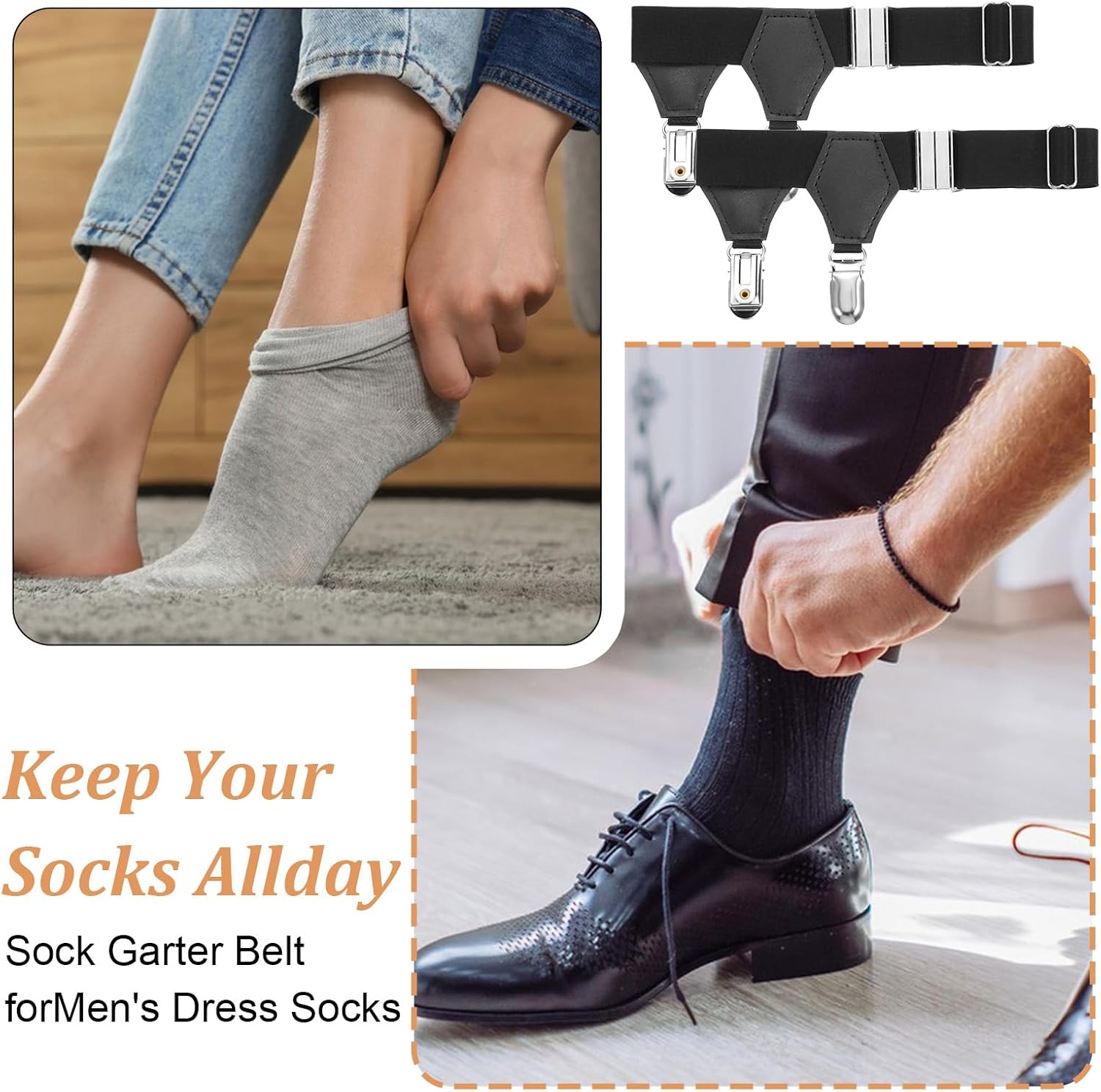 2PCS Mens Sock Garters - Adjustable Elastic Sock Suspenders Holders, Metal Non-slip Stocking Clips for Stockings - Image 3