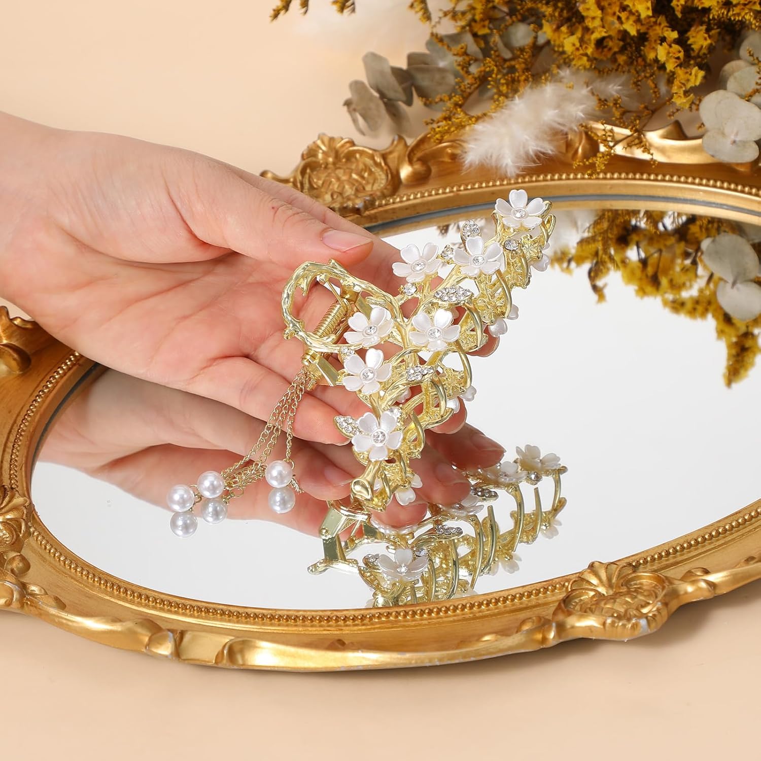 Floral Hair Clips,Elegant Lily Hair Clips with Dangling Pearls Tassel Bun Holder Gold Floral Claw Clip Lilly of the Valley Jewelry for Women - Image 3