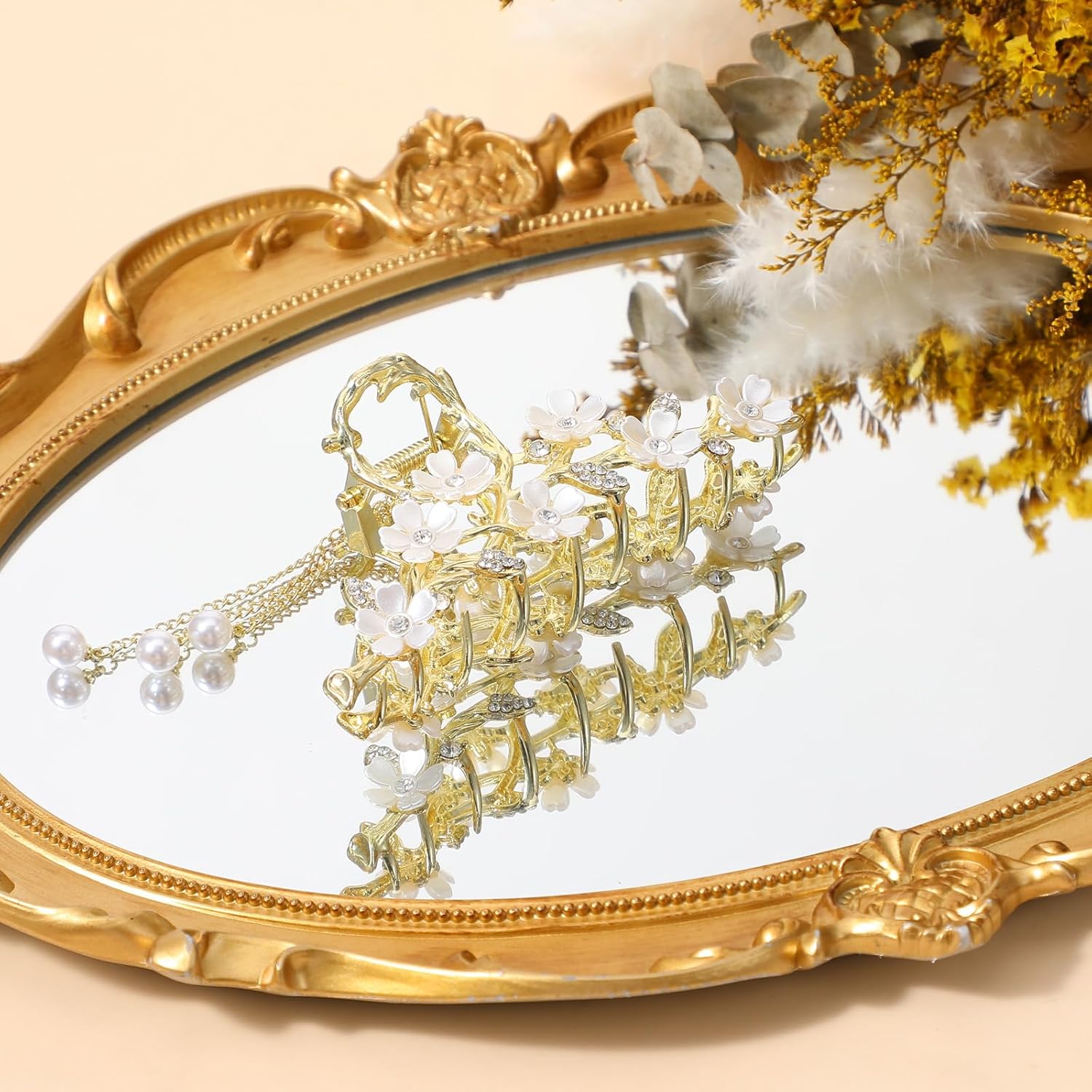 Floral Hair Clips,Elegant Lily Hair Clips with Dangling Pearls Tassel Bun Holder Gold Floral Claw Clip Lilly of the Valley Jewelry for Women - Image 4