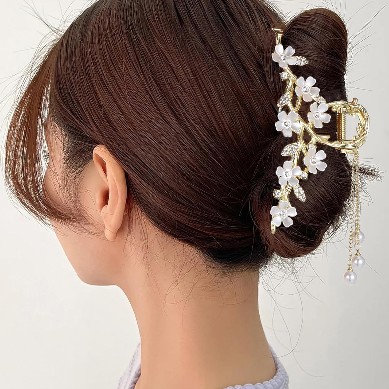 Floral Hair Clips,Elegant Lily Hair Clips with Dangling Pearls Tassel Bun Holder Gold Floral Claw Clip Lilly of the Valley Jewelry for Women - Image 5