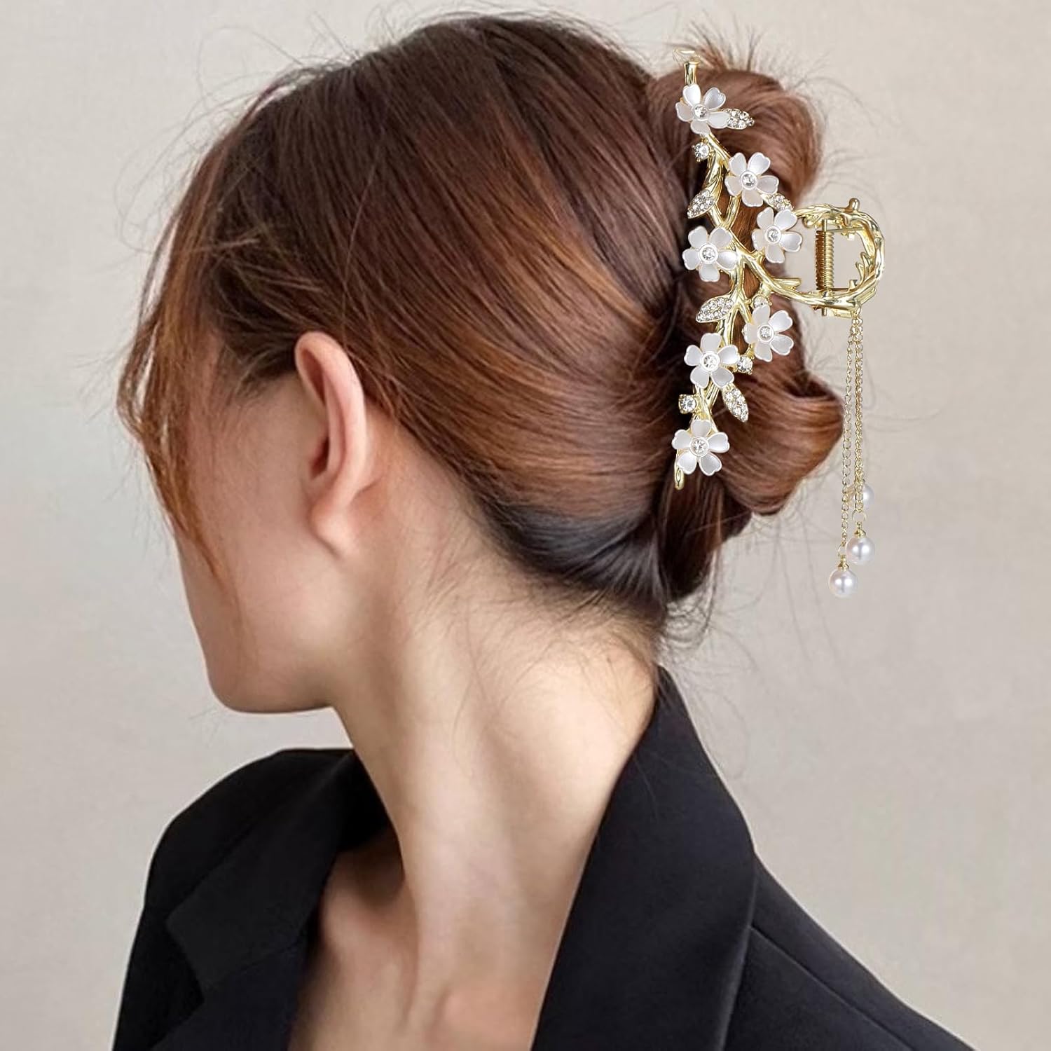Floral Hair Clips,Elegant Lily Hair Clips with Dangling Pearls Tassel Bun Holder Gold Floral Claw Clip Lilly of the Valley Jewelry for Women - Image 6