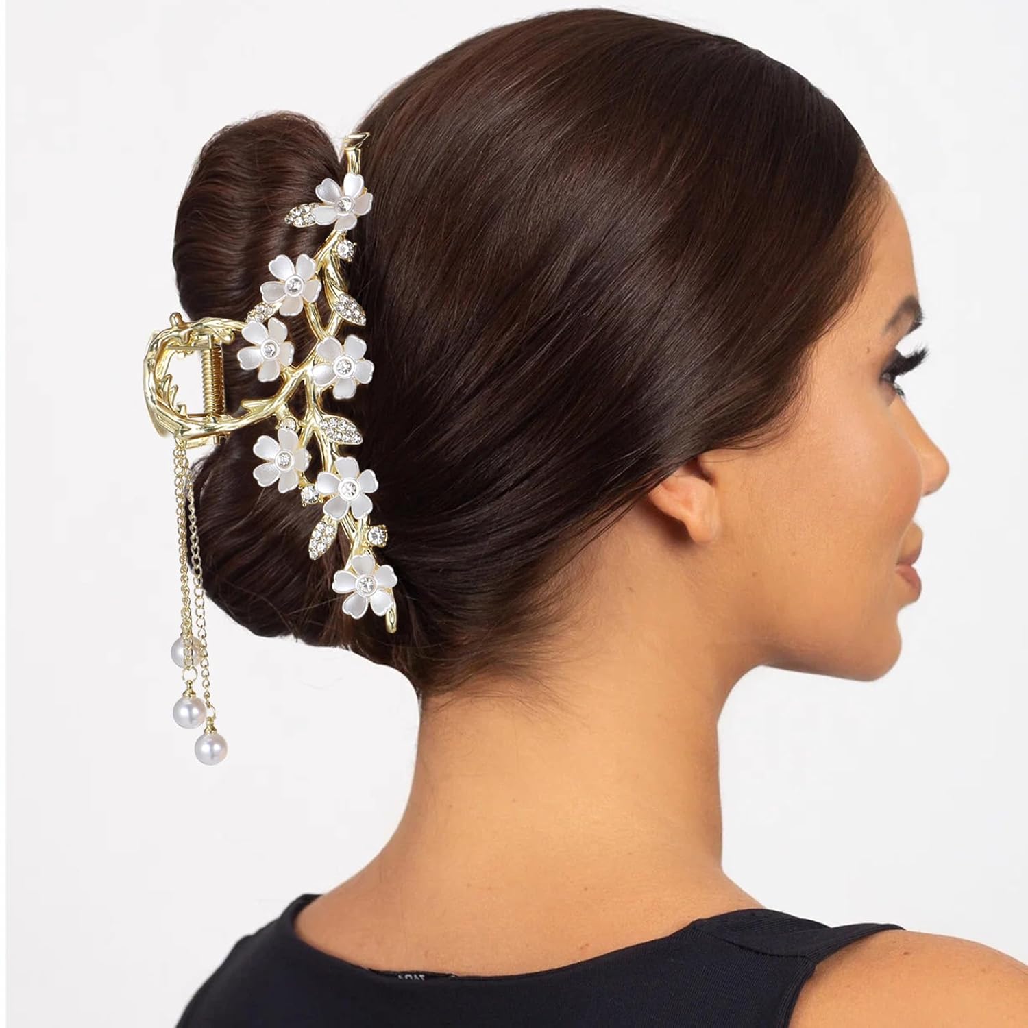Floral Hair Clips,Elegant Lily Hair Clips with Dangling Pearls Tassel Bun Holder Gold Floral Claw Clip Lilly of the Valley Jewelry for Women - Image 7