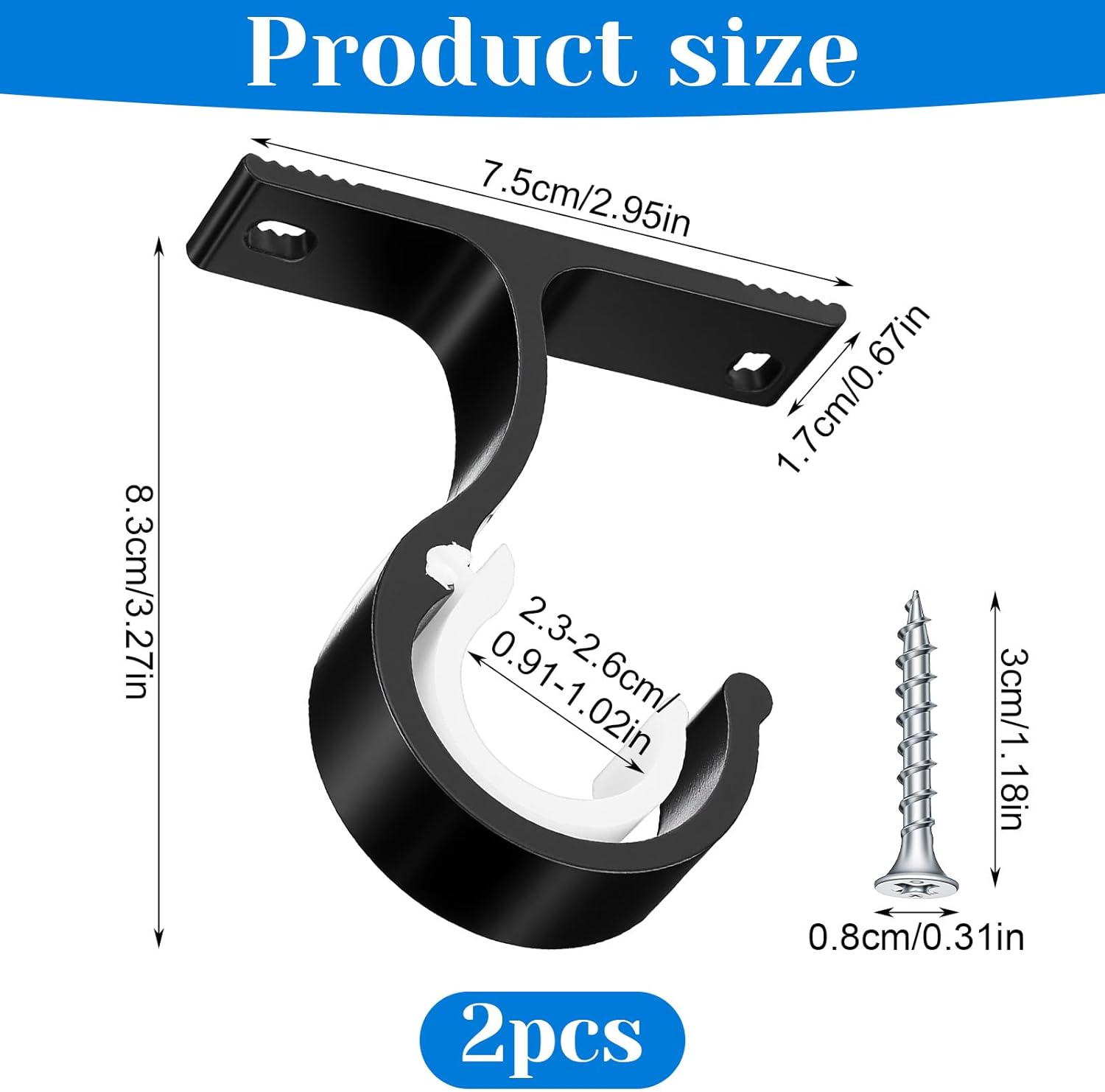 2 Sets Ceiling Curtain Rod Brackets for 1 Inch Rod, Curtain Rod Brackets Holders for Wall & Ceiling Mount Installation (Black) - Image 1