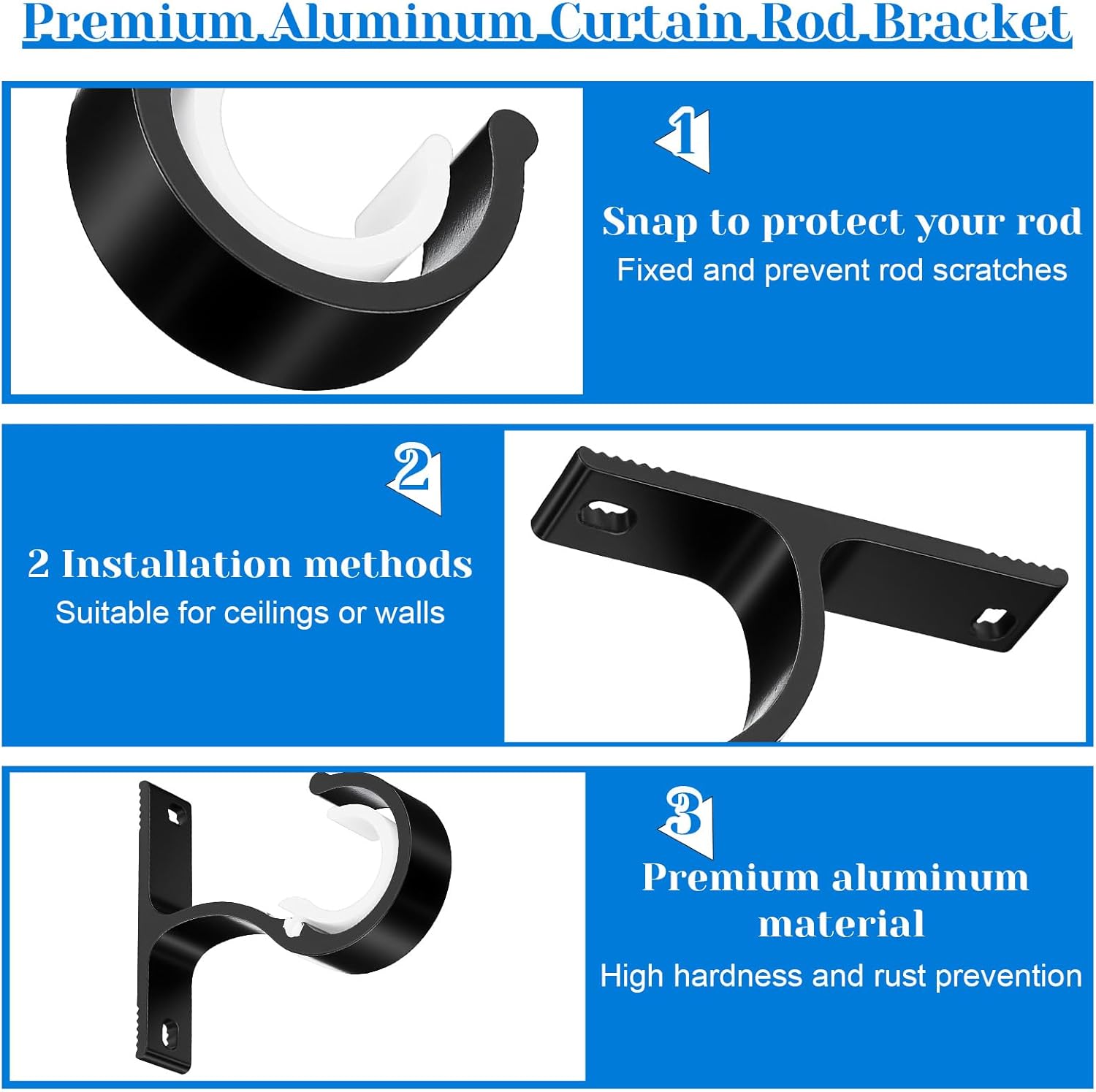 2 Sets Ceiling Curtain Rod Brackets for 1 Inch Rod, Curtain Rod Brackets Holders for Wall & Ceiling Mount Installation (Black) - Image 2