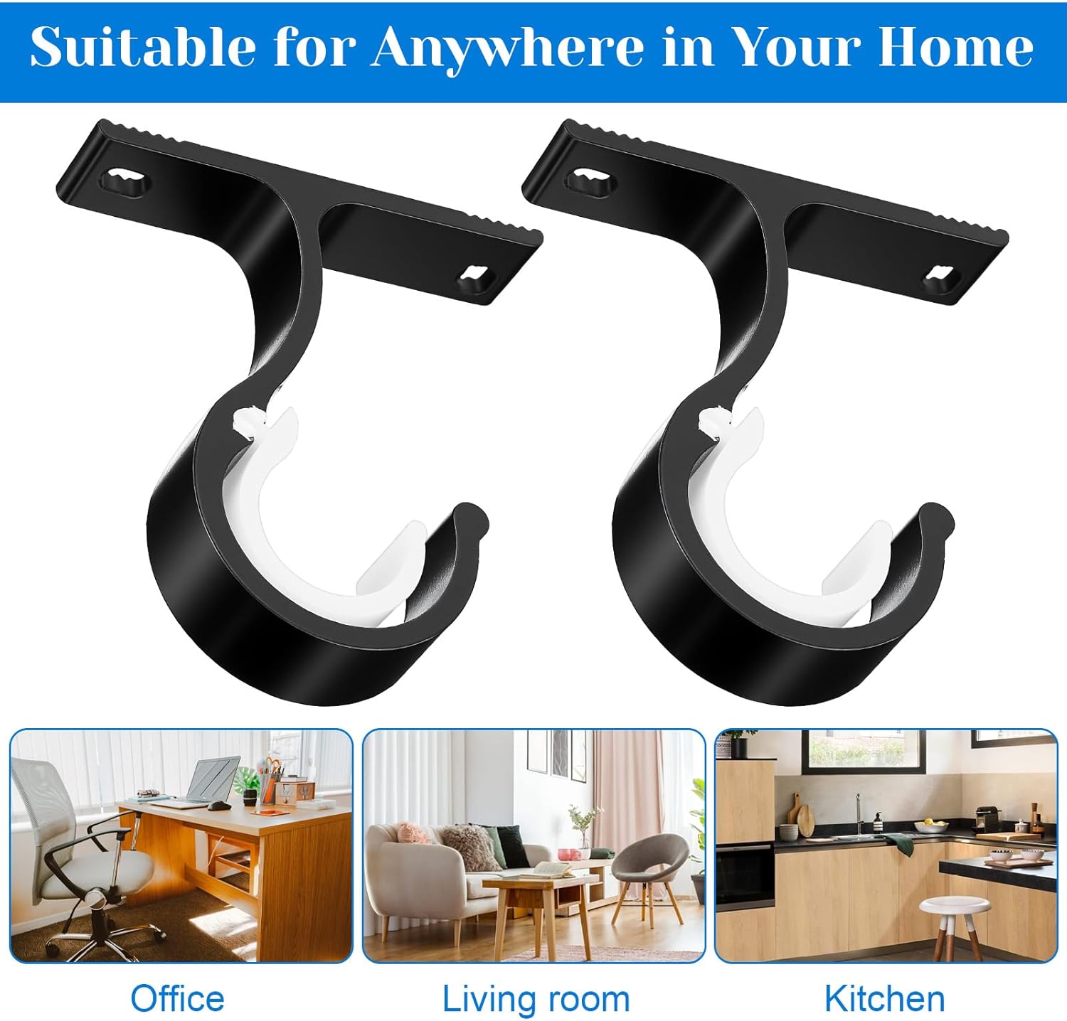 2 Sets Ceiling Curtain Rod Brackets for 1 Inch Rod, Curtain Rod Brackets Holders for Wall & Ceiling Mount Installation (Black) - Image 5