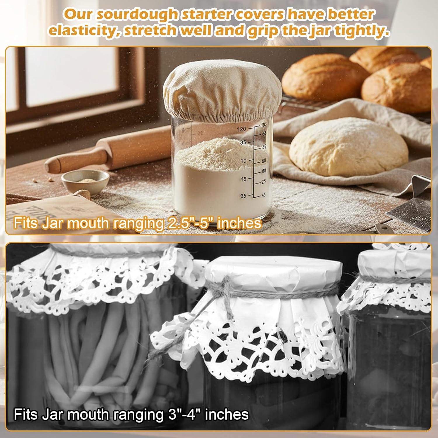 Shimmeroo 5PCS Cotton Sourdough Jar Cover, Reusable Sourdough Bread Proofing Starter Jar Cloth Covers for Most Glass Sour Dough Crock Bread Proofing Cover - Image 3