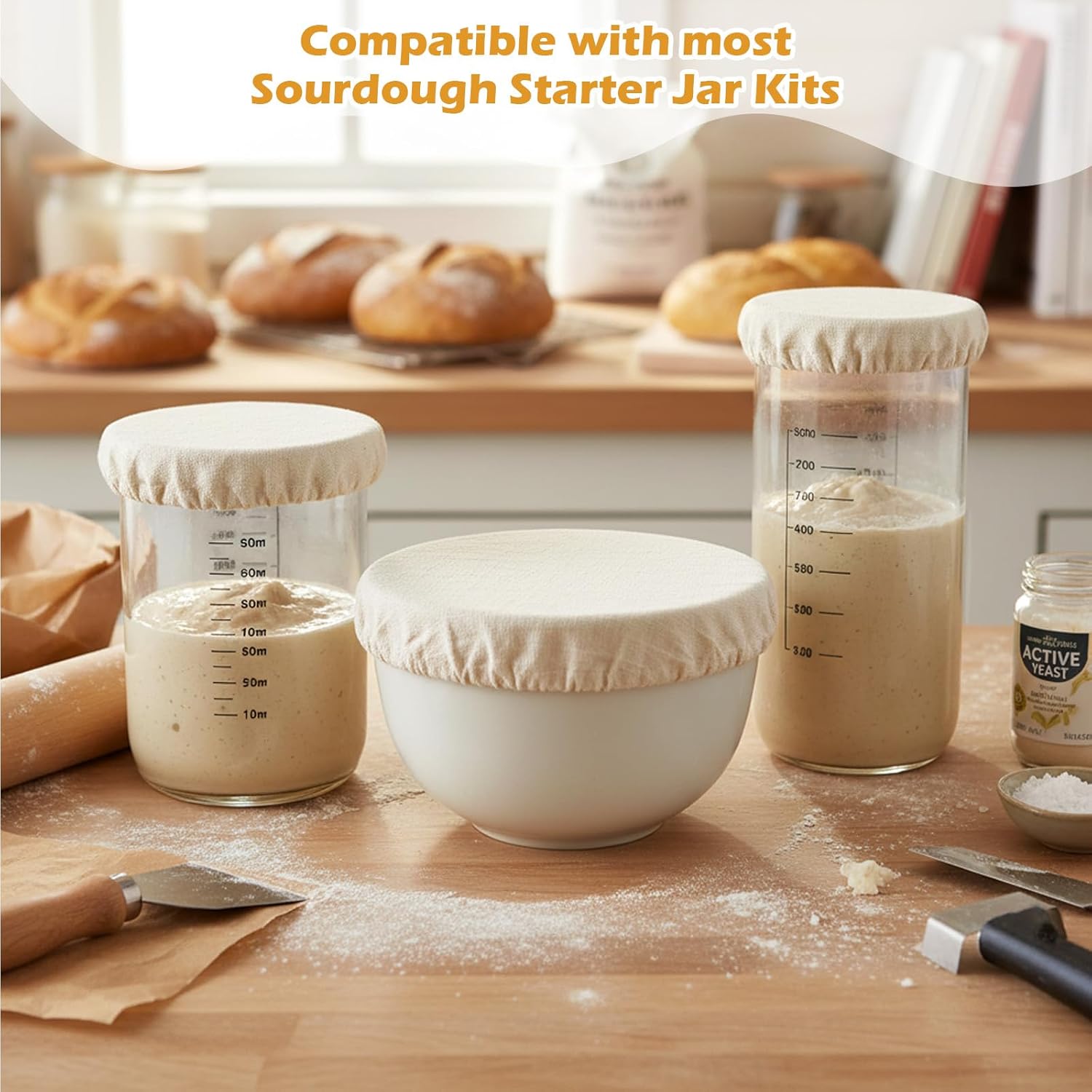 Shimmeroo 5PCS Cotton Sourdough Jar Cover, Reusable Sourdough Bread Proofing Starter Jar Cloth Covers for Most Glass Sour Dough Crock Bread Proofing Cover - Image 6