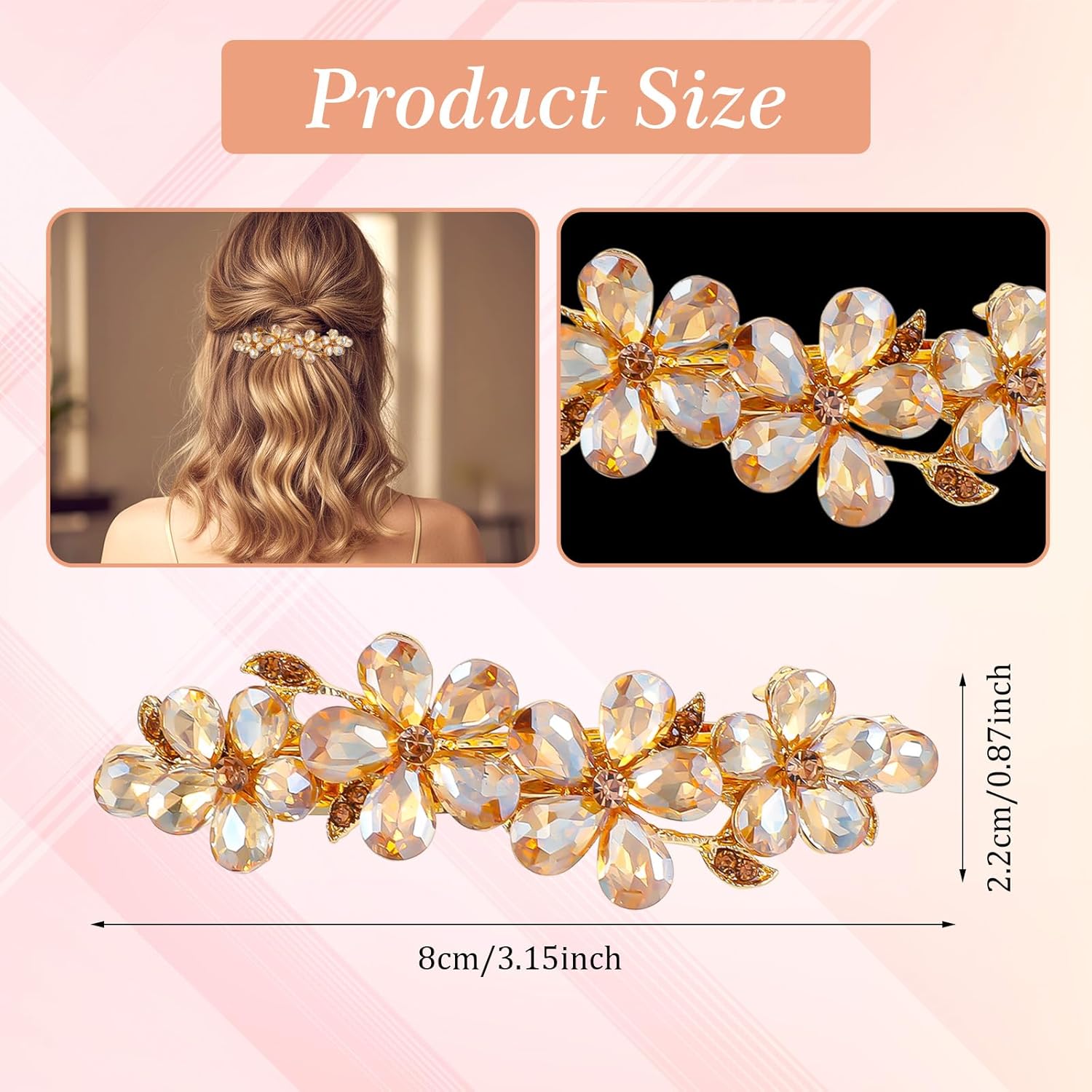 Champagne Rhinestone Hair Clips,Shimmeroo Fancy Hair Clips for Women,Flower Crystal Hairs Clip for Elegant Wedding & Party Barrettes - Image 1