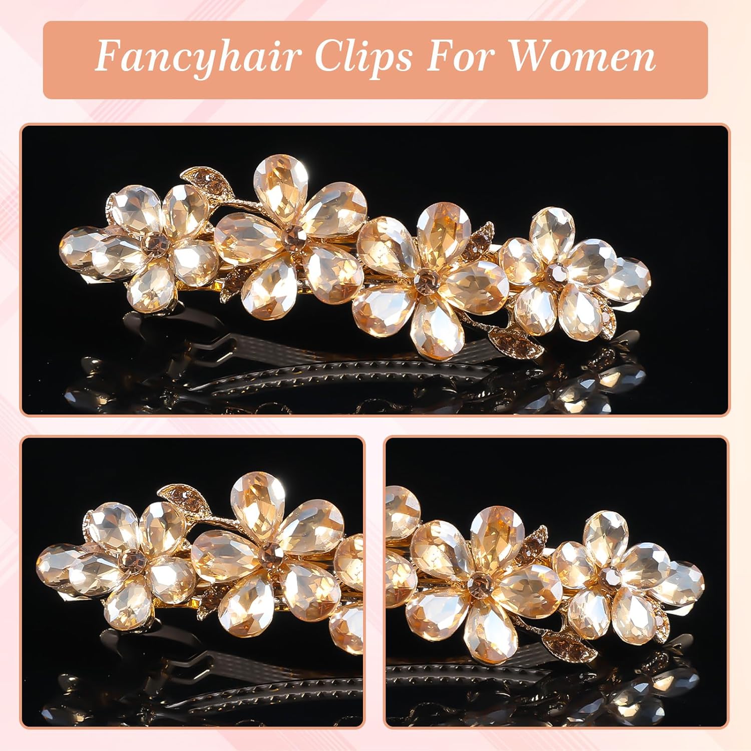 Champagne Rhinestone Hair Clips,Shimmeroo Fancy Hair Clips for Women,Flower Crystal Hairs Clip for Elegant Wedding & Party Barrettes - Image 2