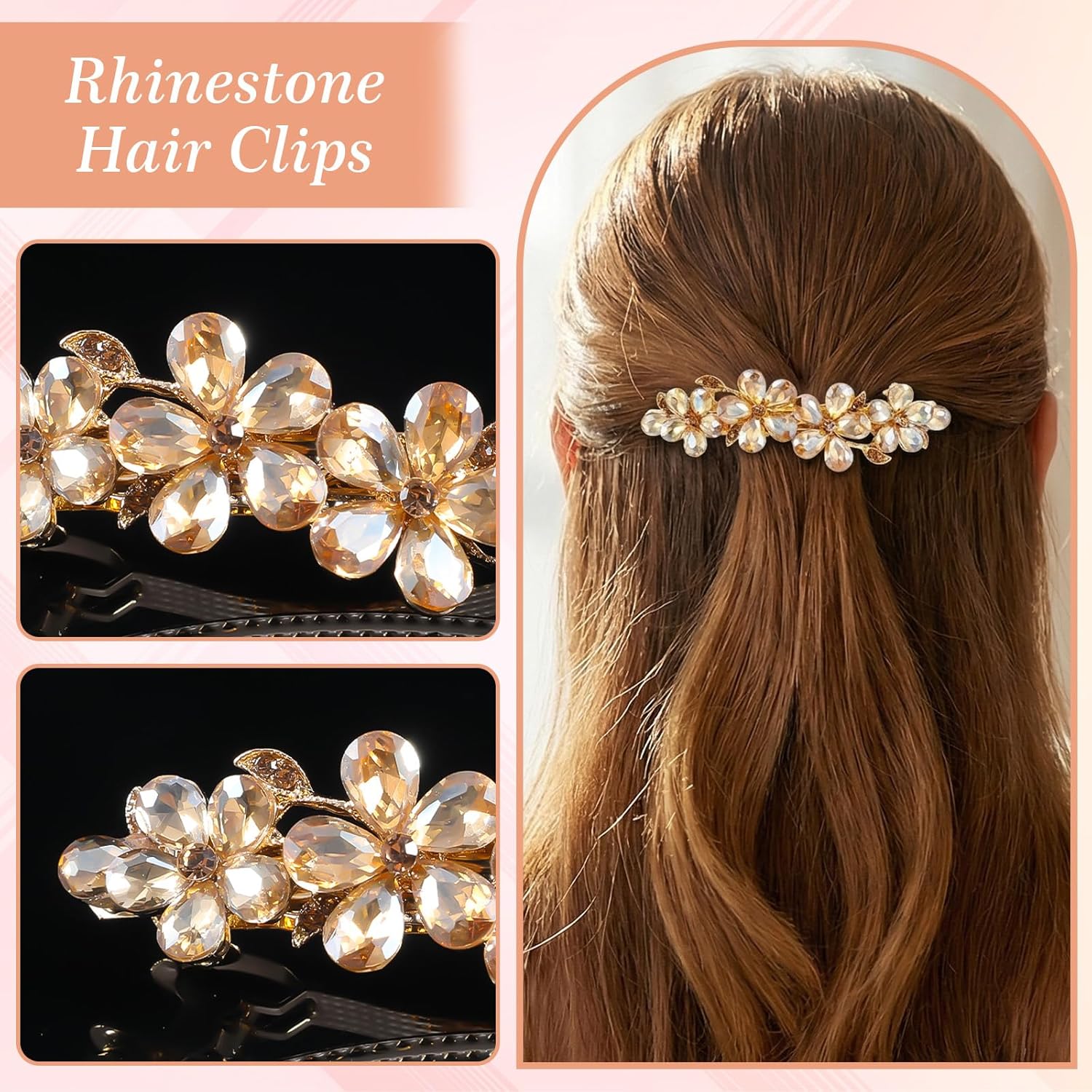 Champagne Rhinestone Hair Clips,Shimmeroo Fancy Hair Clips for Women,Flower Crystal Hairs Clip for Elegant Wedding & Party Barrettes - Image 3