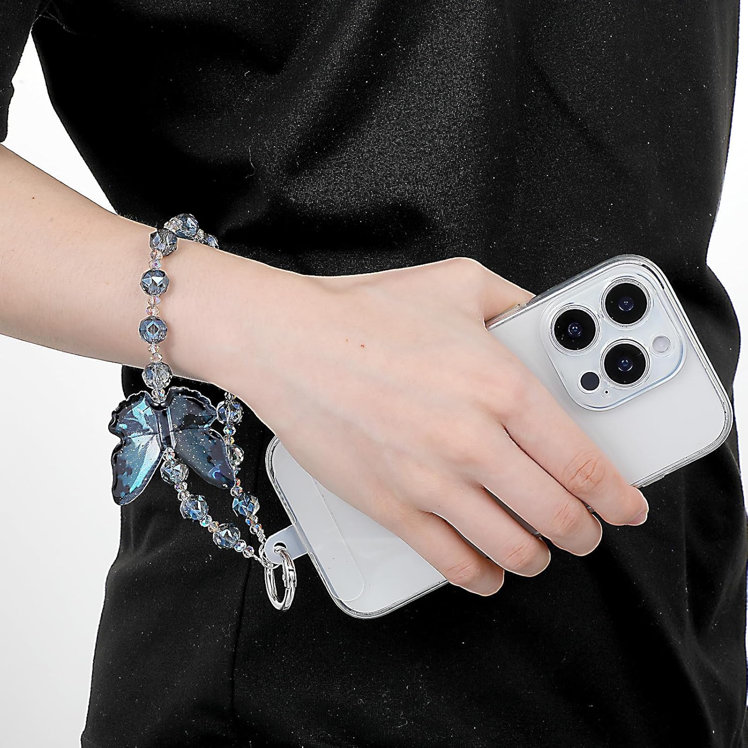 Cute Phone Charm Wrist Strap with Spacer,Butterfly Beaded Phone Chain Wristlet for Case Cellphone Chain Lanyard - Image 3