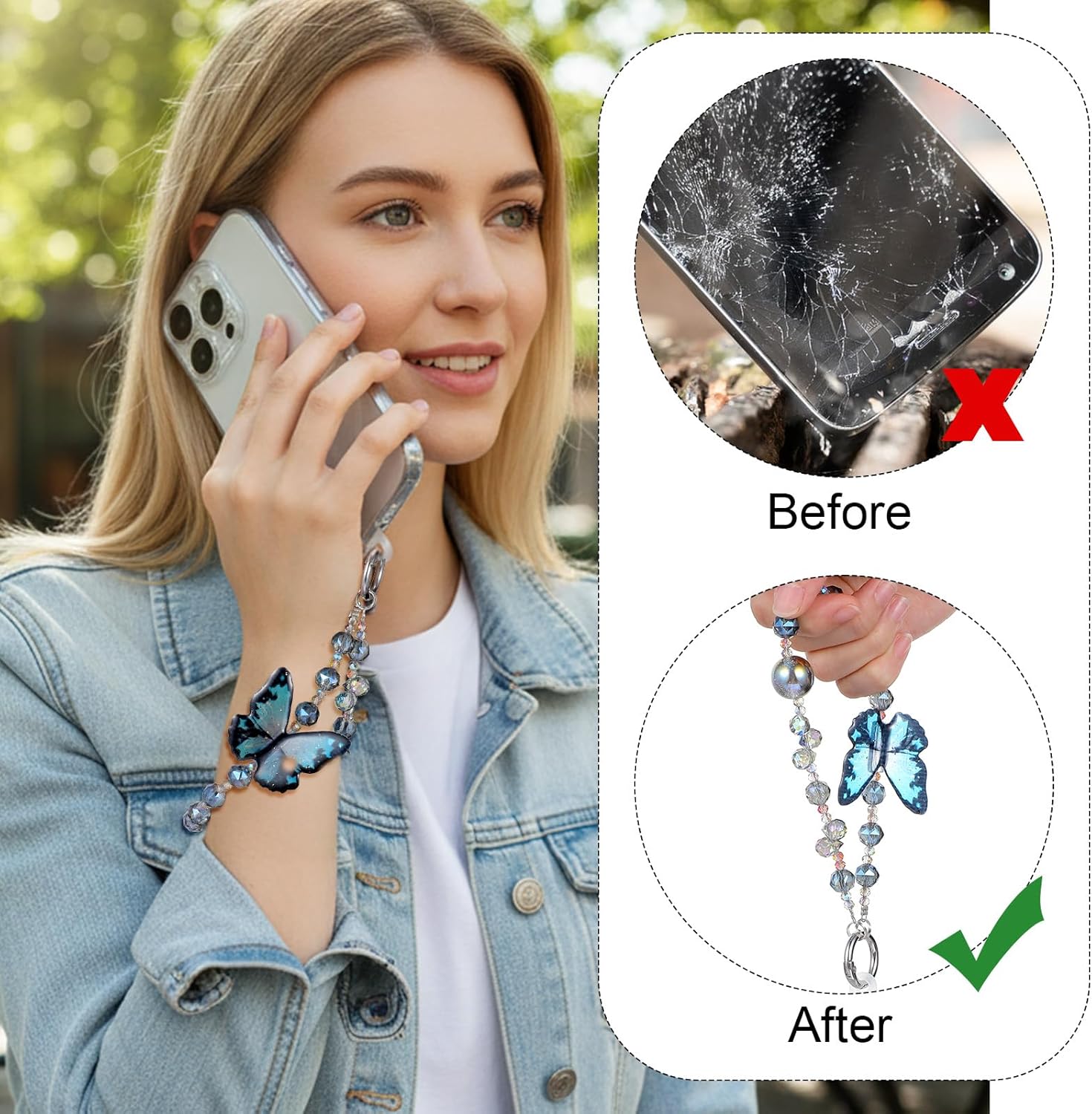 Cute Phone Charm Wrist Strap with Spacer,Butterfly Beaded Phone Chain Wristlet for Case Cellphone Chain Lanyard - Image 4