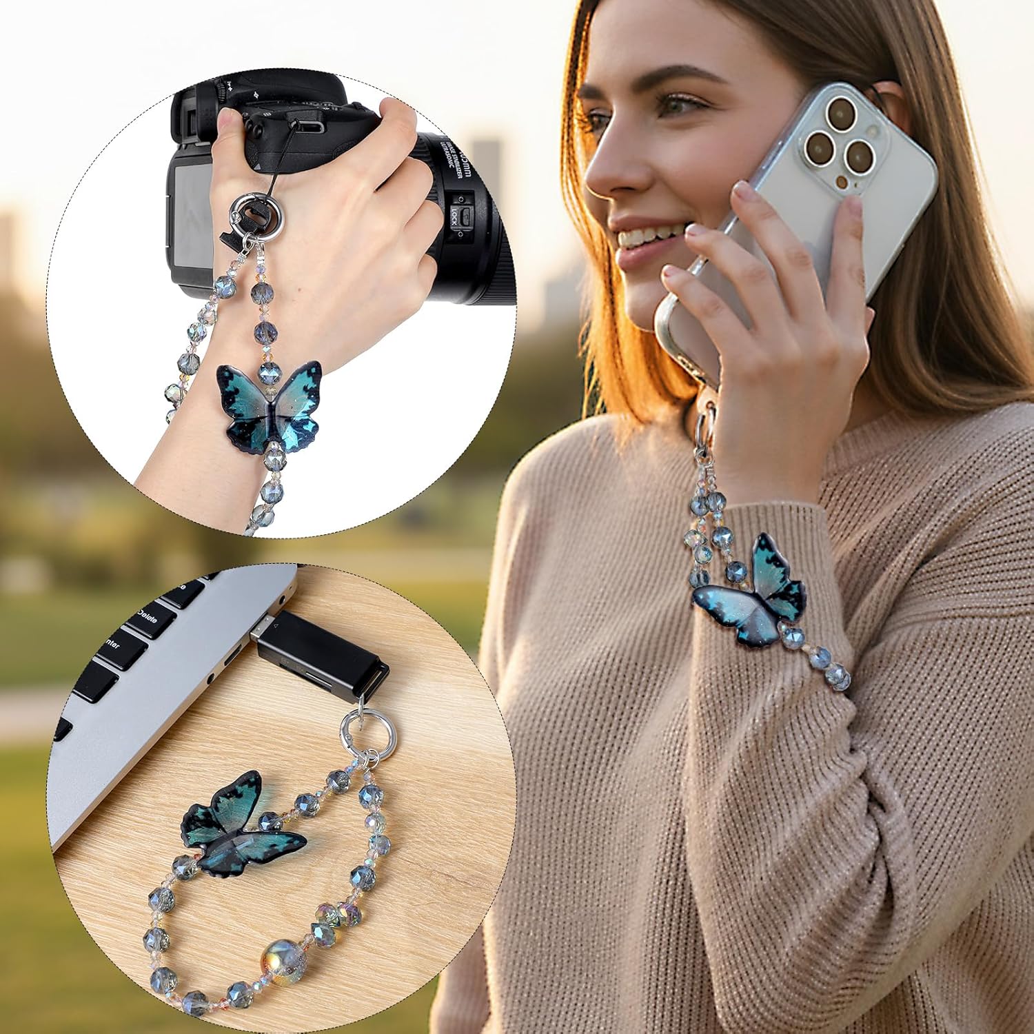 Cute Phone Charm Wrist Strap with Spacer,Butterfly Beaded Phone Chain Wristlet for Case Cellphone Chain Lanyard - Image 6