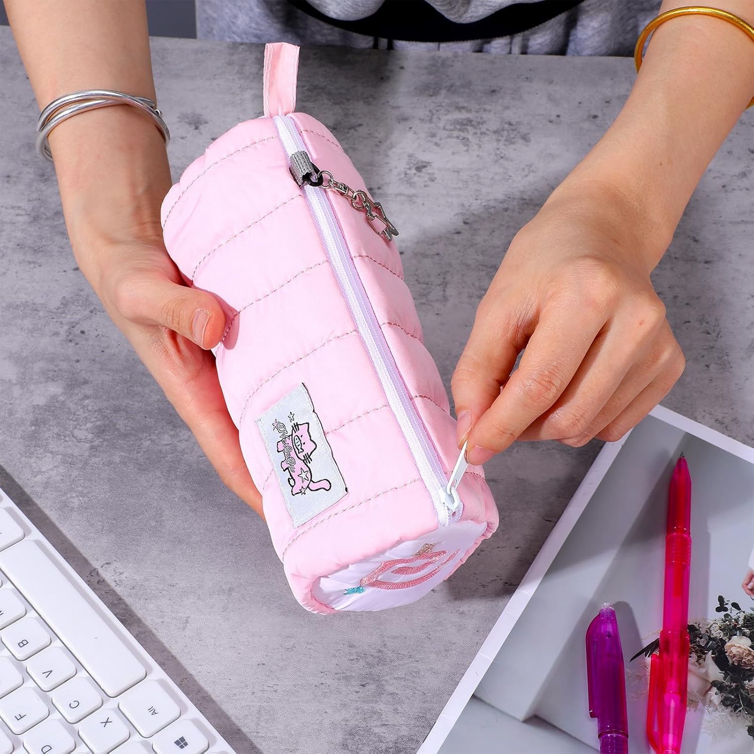 Pink Kawaii Pencil Case, Cream Roll Cartoon Large Capacity Cute Pencil Bag with Zipper, Cat Makeup Organizer Storage Box Office Stationery Nice Gift Stocking Stuffers - Image 4