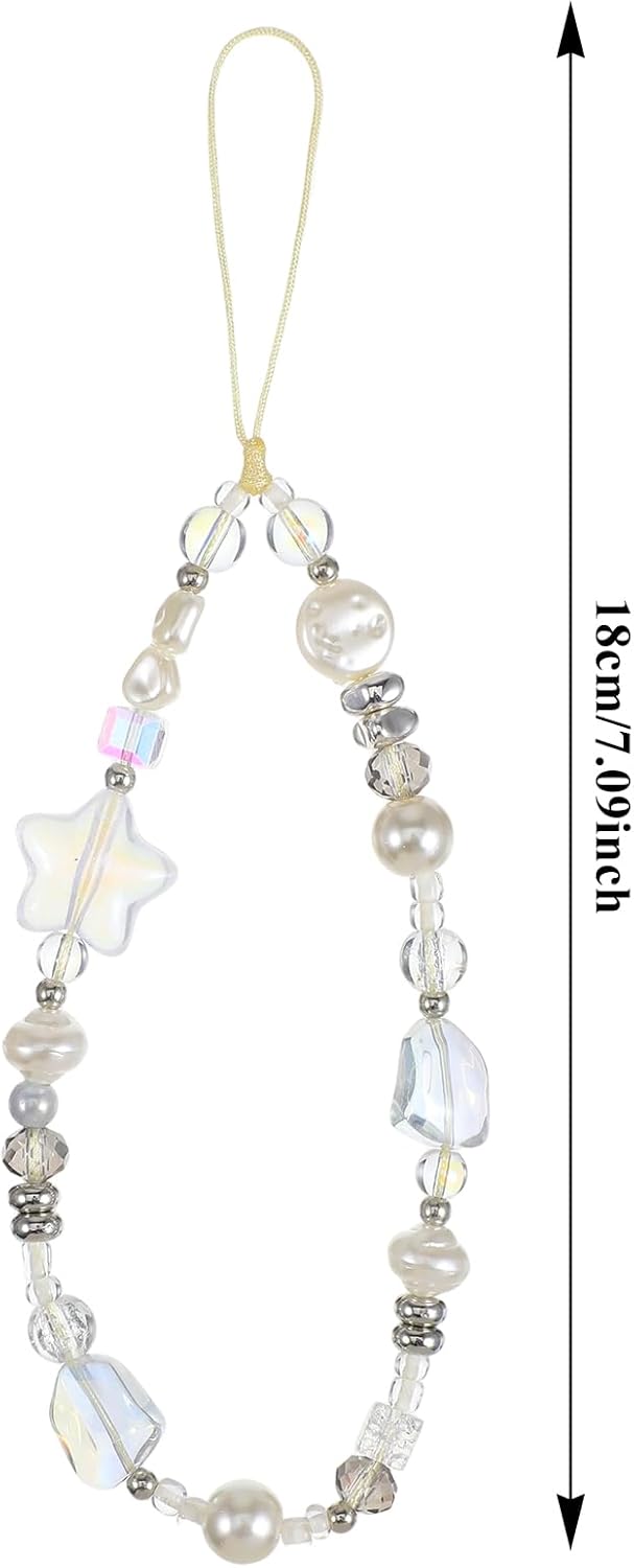 Beaded Camera Strap Wrist Cute Glass Beads Star Digital Phone Wrist Charms, Y2k Style Pearl Camera Charm Strap for Phone Case Bag Keychain Wallet(Silver-White) - Image 1