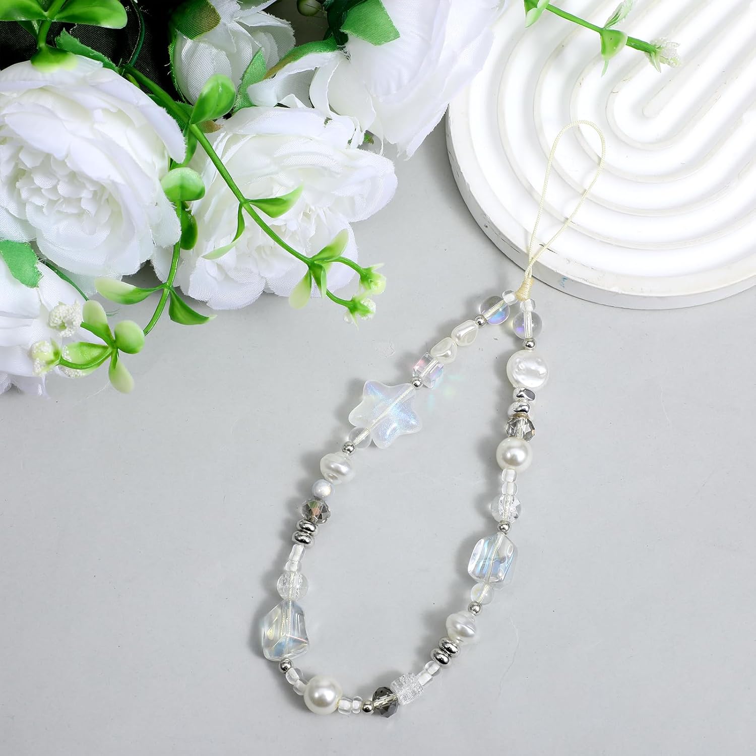 Beaded Camera Strap Wrist Cute Glass Beads Star Digital Phone Wrist Charms, Y2k Style Pearl Camera Charm Strap for Phone Case Bag Keychain Wallet(Silver-White) - Image 2