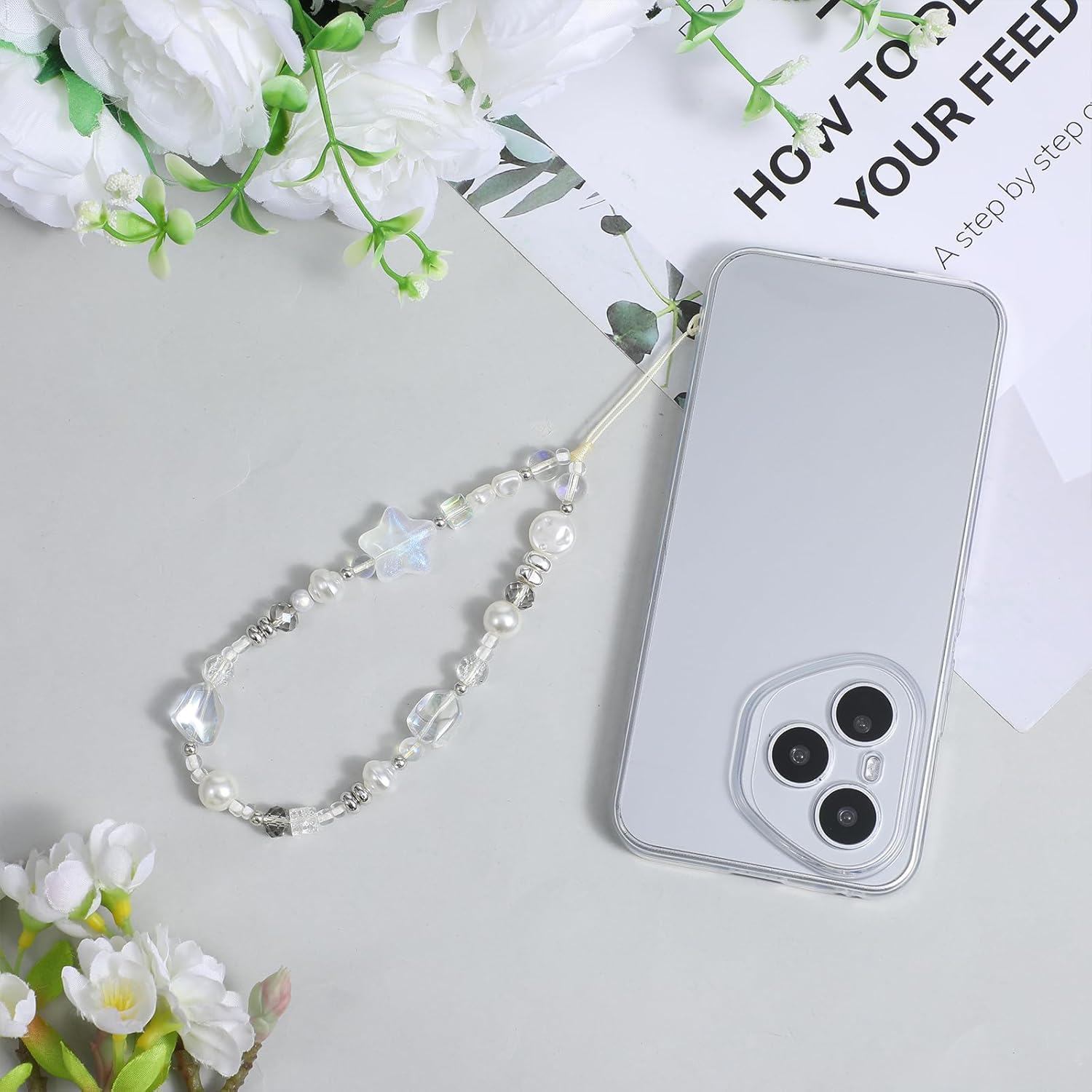 Beaded Camera Strap Wrist Cute Glass Beads Star Digital Phone Wrist Charms, Y2k Style Pearl Camera Charm Strap for Phone Case Bag Keychain Wallet(Silver-White) - Image 4