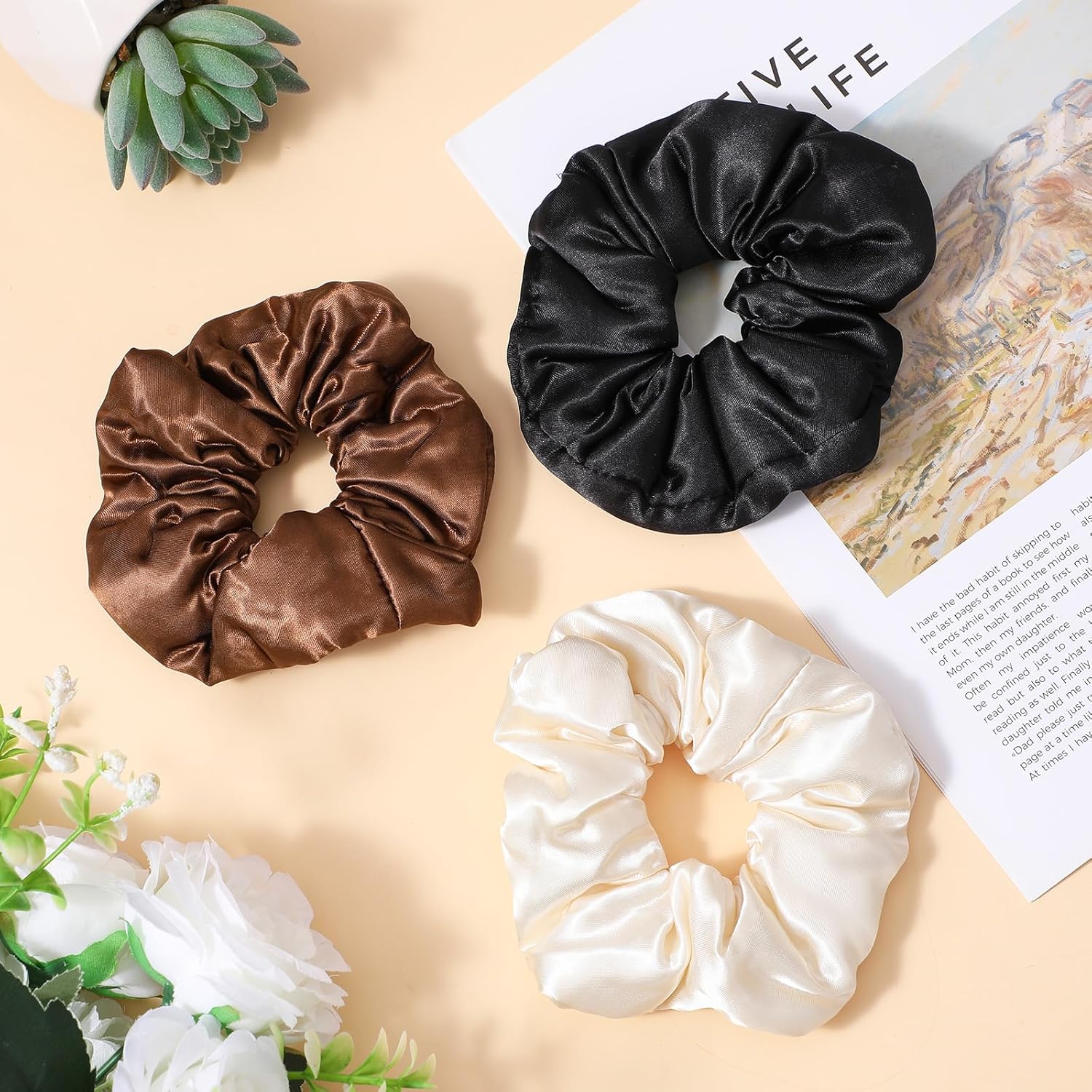 3PCS Large Satin Hair Scrunchies, Oversized Thick Elastic Satin Scrunchie for Women Girls Fluffy Ponytail Holder Curls Hair Silk Sleepy Tie(Black, Brown, Champagne) - Image 2