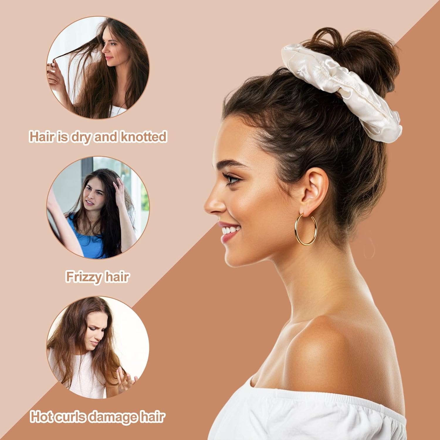 3PCS Large Satin Hair Scrunchies, Oversized Thick Elastic Satin Scrunchie for Women Girls Fluffy Ponytail Holder Curls Hair Silk Sleepy Tie(Black, Brown, Champagne) - Image 4