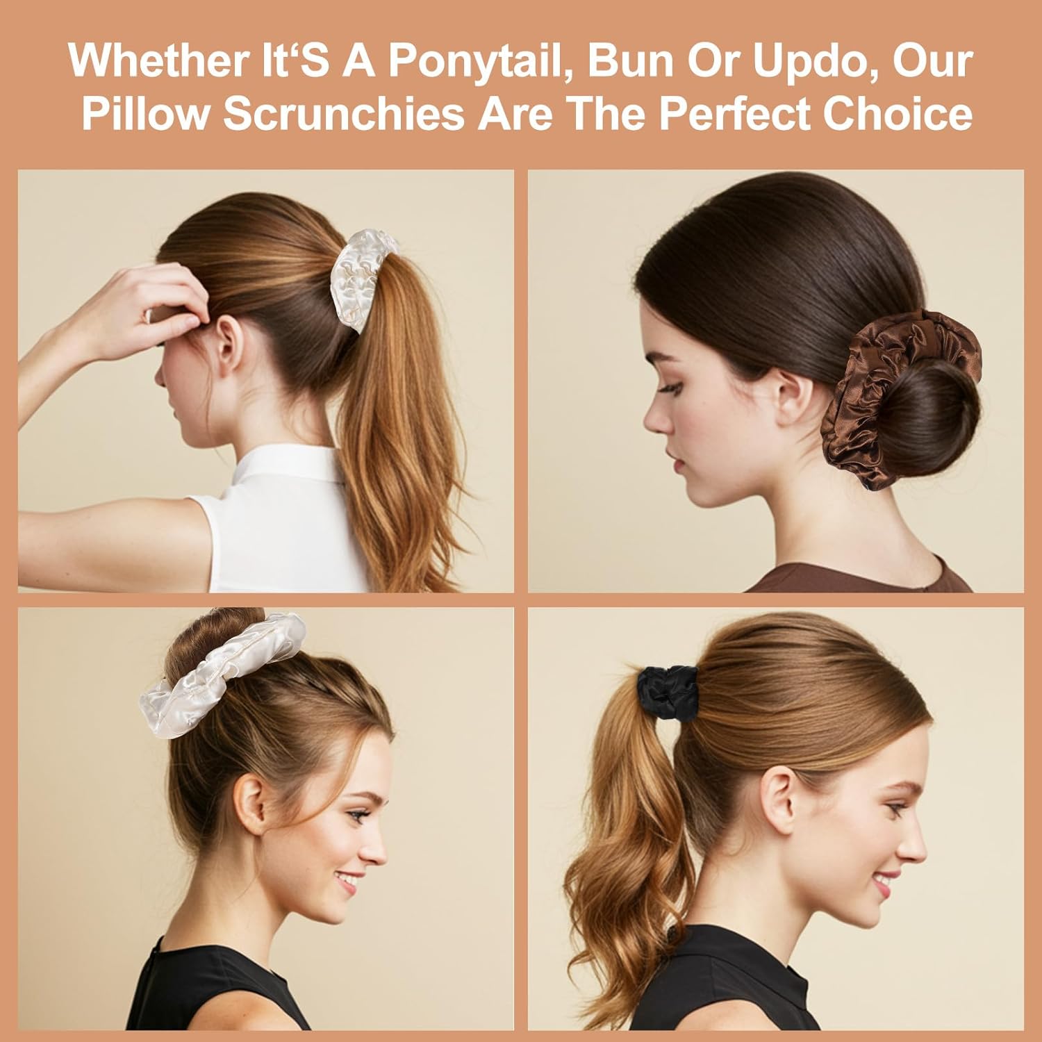 3PCS Large Satin Hair Scrunchies, Oversized Thick Elastic Satin Scrunchie for Women Girls Fluffy Ponytail Holder Curls Hair Silk Sleepy Tie(Black, Brown, Champagne) - Image 6