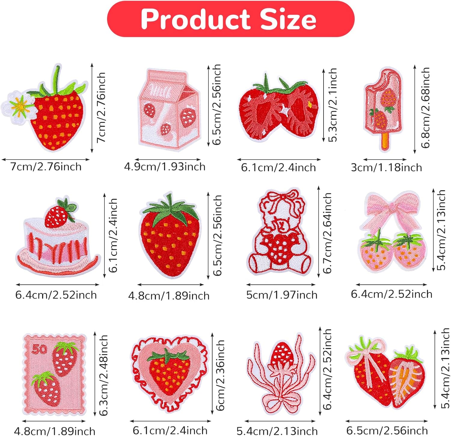 12PCS Strawberry Iron on Patches,Cute Patches Iron on Fruit Bow Embroidered Patch for Clothing Backpack Hat Bags - Image 1