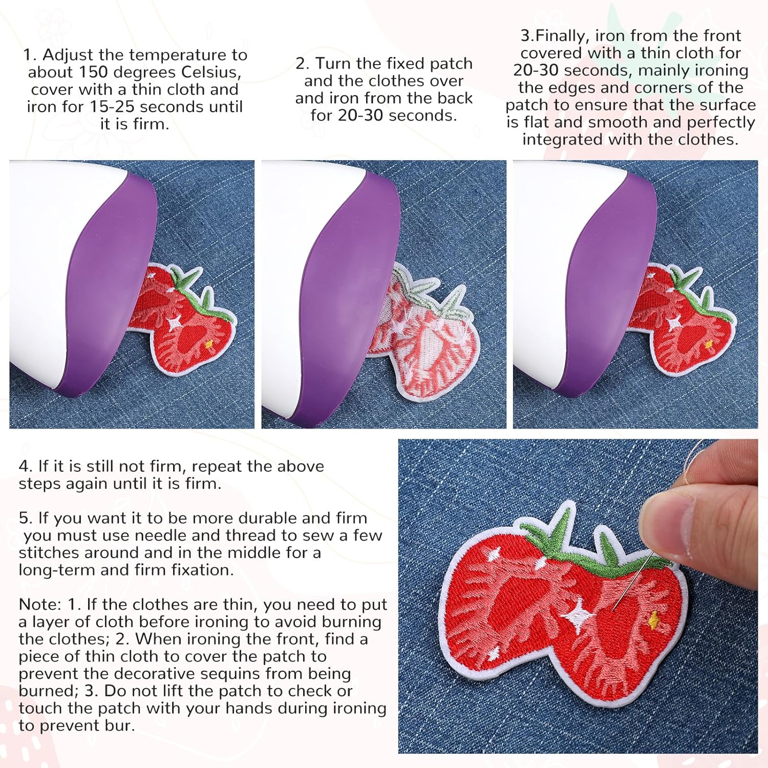 12PCS Strawberry Iron on Patches,Cute Patches Iron on Fruit Bow Embroidered Patch for Clothing Backpack Hat Bags - Image 3
