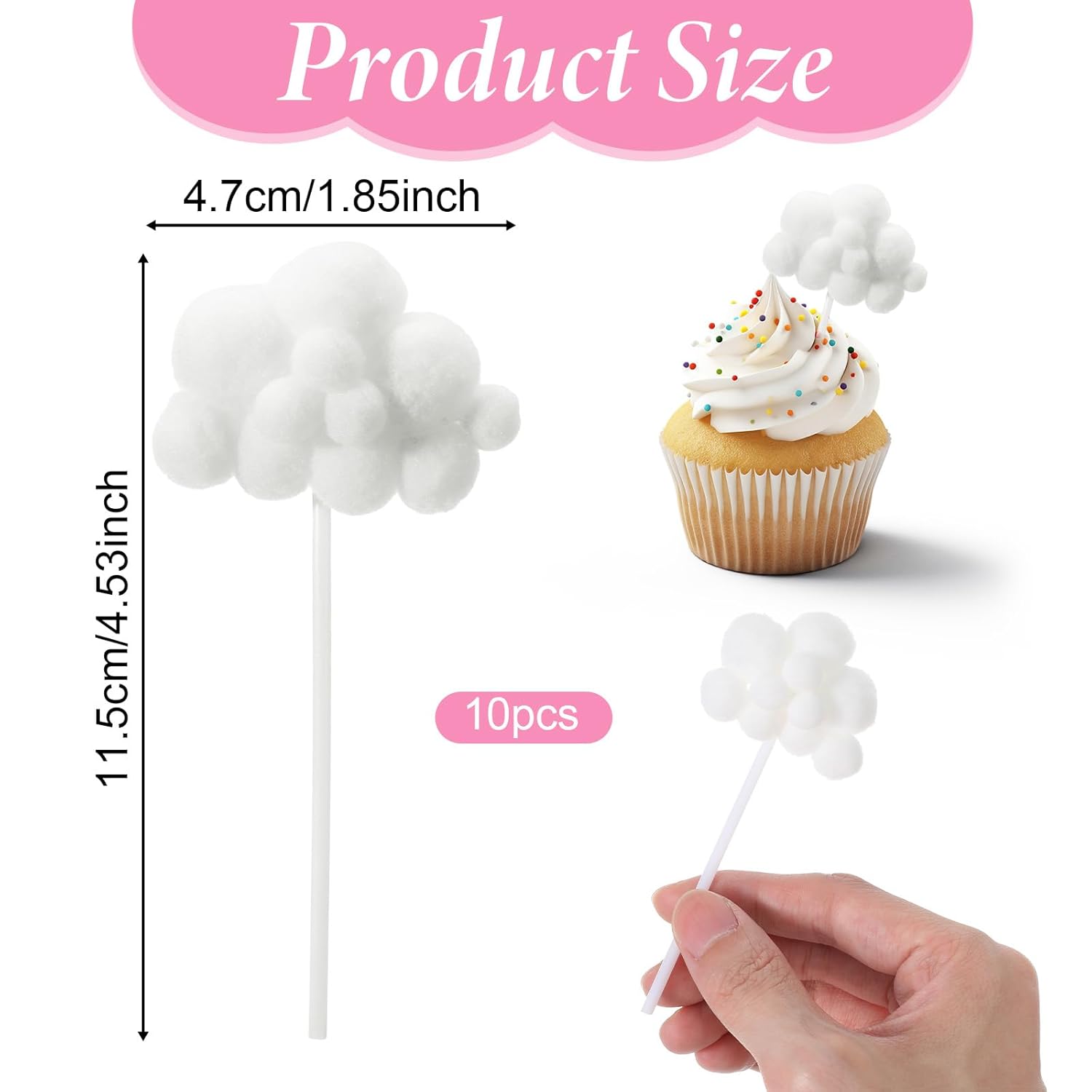 Shimmeroo 10Pcs Cupcake Cloud Decorations, Plush Cute Cloud Decorations Dessert Picks Toppers Yarn Ball Cake Picks for Baby Shower Birthday Wedding Party Supplies (White) - Image 1