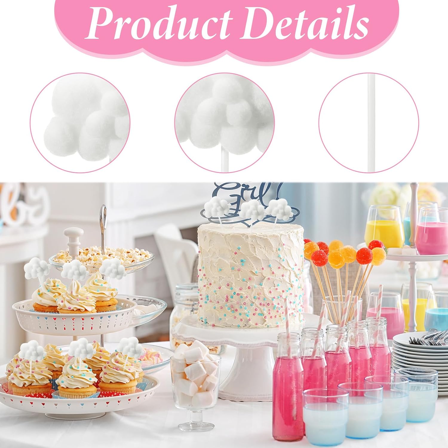 Shimmeroo 10Pcs Cupcake Cloud Decorations, Plush Cute Cloud Decorations Dessert Picks Toppers Yarn Ball Cake Picks for Baby Shower Birthday Wedding Party Supplies (White) - Image 3