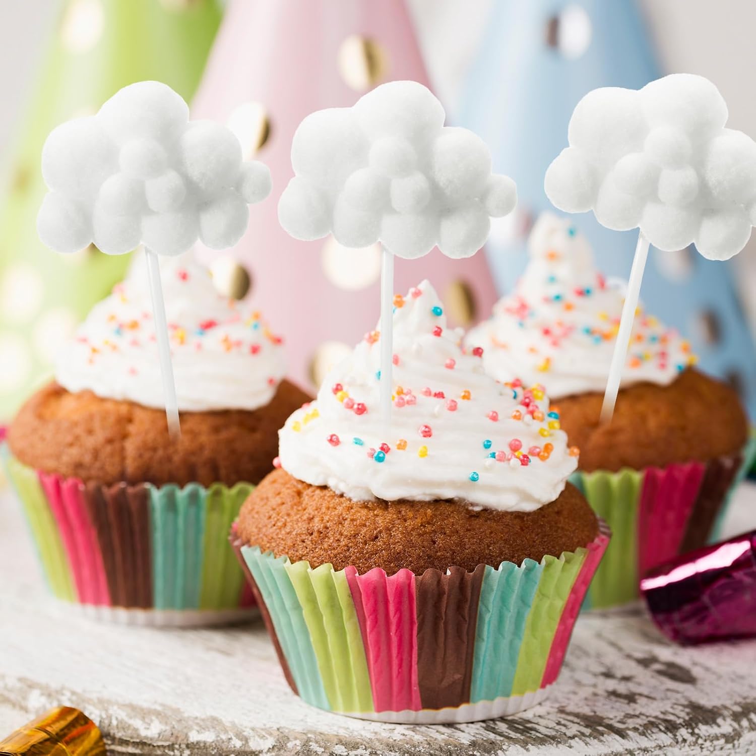 Shimmeroo 10Pcs Cupcake Cloud Decorations, Plush Cute Cloud Decorations Dessert Picks Toppers Yarn Ball Cake Picks for Baby Shower Birthday Wedding Party Supplies (White) - Image 6
