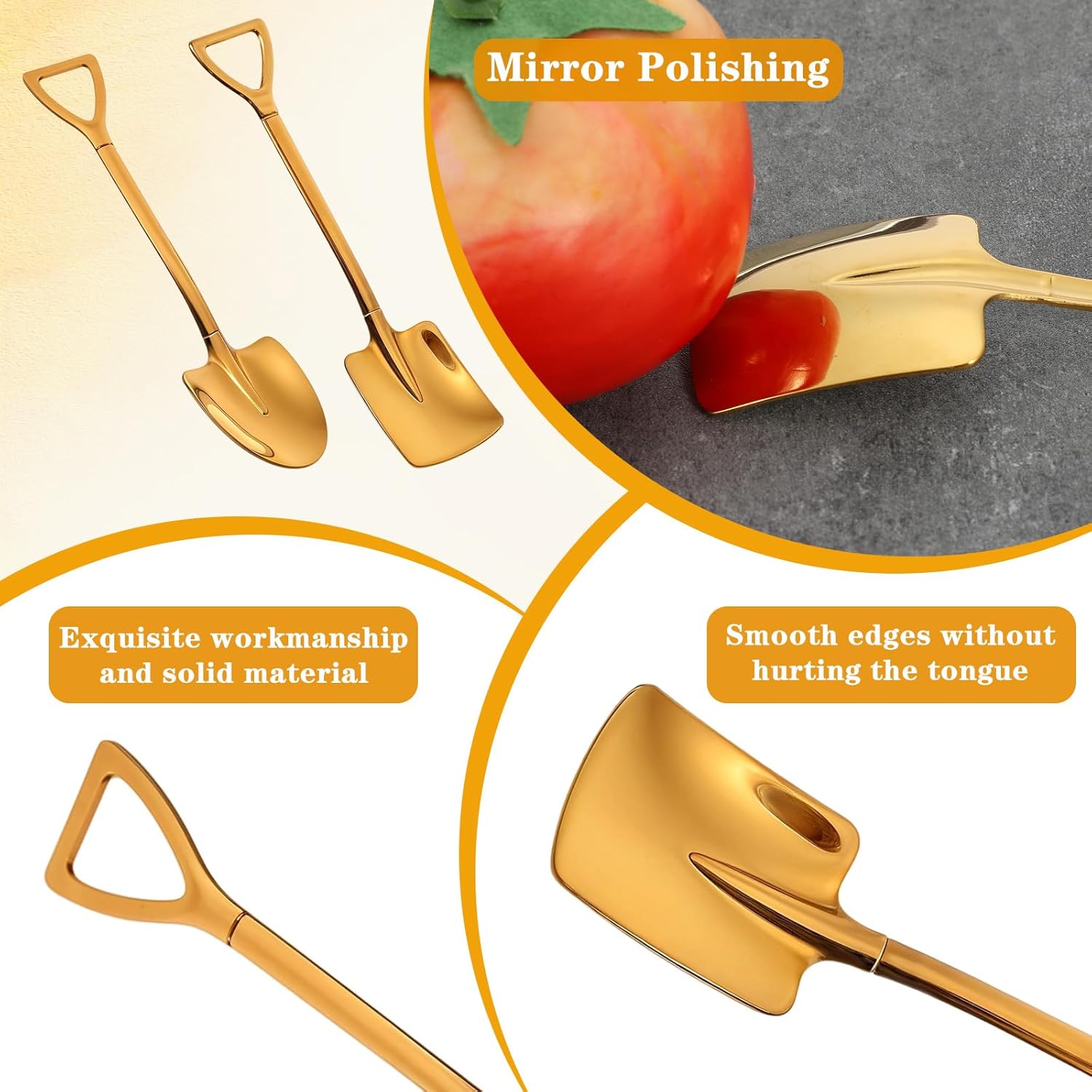 2PCS Mini Gold Shovel Spoons, Stainless Steel Shovel Spoons Square Head Pointed Reusable Spoon Set for Coffee Dessert Ice Cream Tea Appetizers New Home Couples Gift - Image 2
